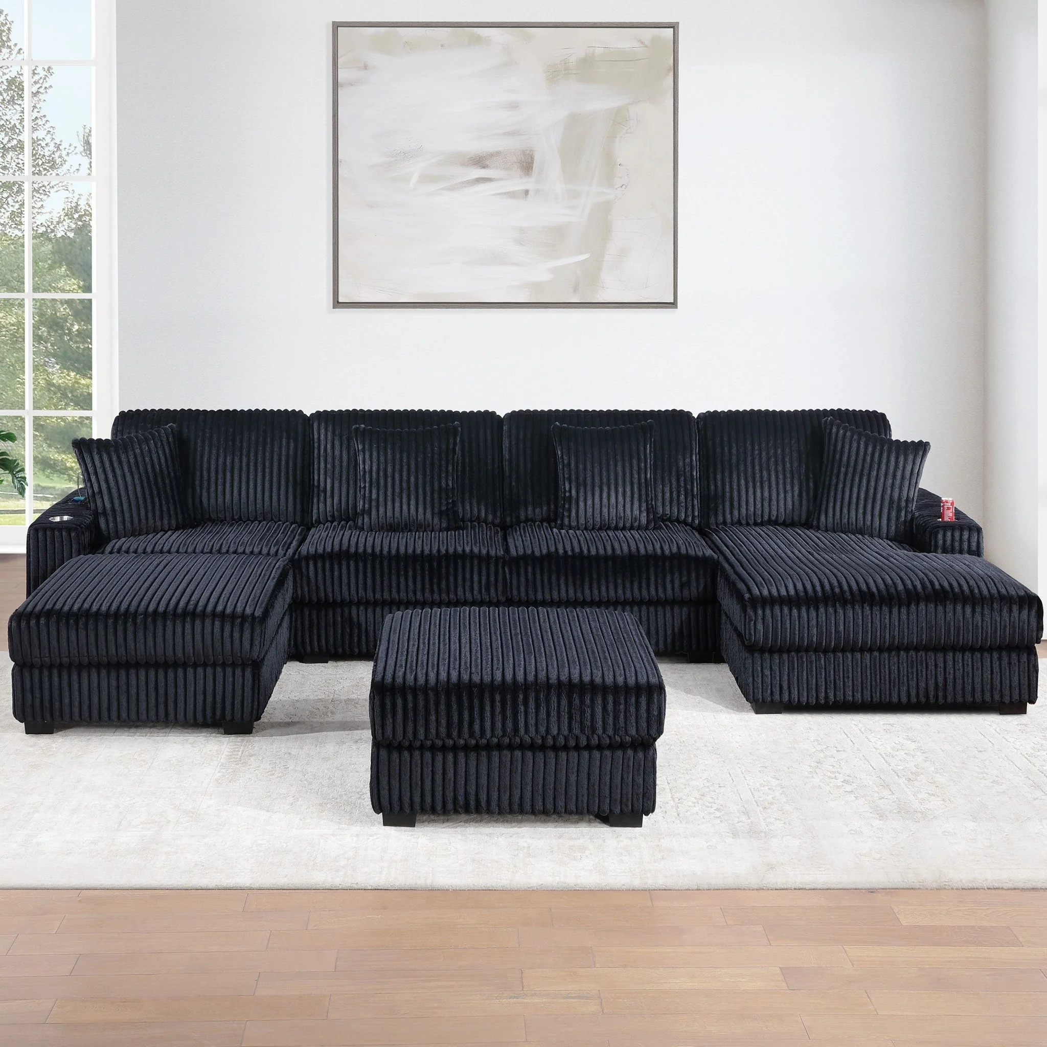 1 Piece Right Arm Facing Chaise With Cup Holder Only Modular Piece Texture Upholstered Living Room Furniture - Black - Image 5