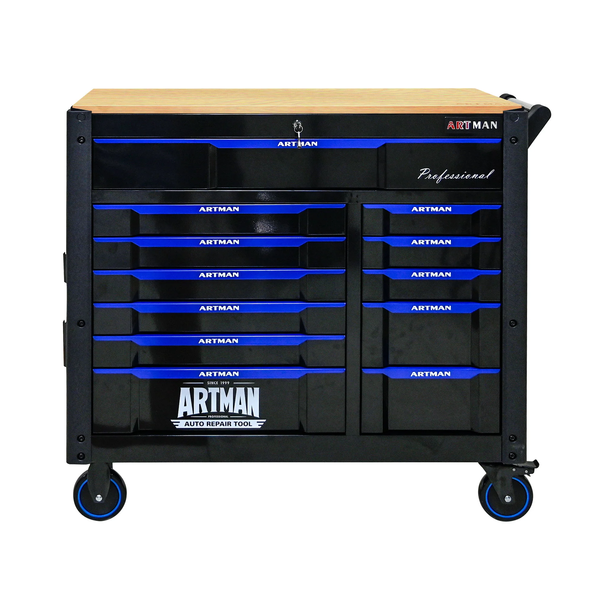 12 Layer Drawer Multi Purpose Tool Cart With Wheels And Wooden Countertops - Black / Blue - Image 9