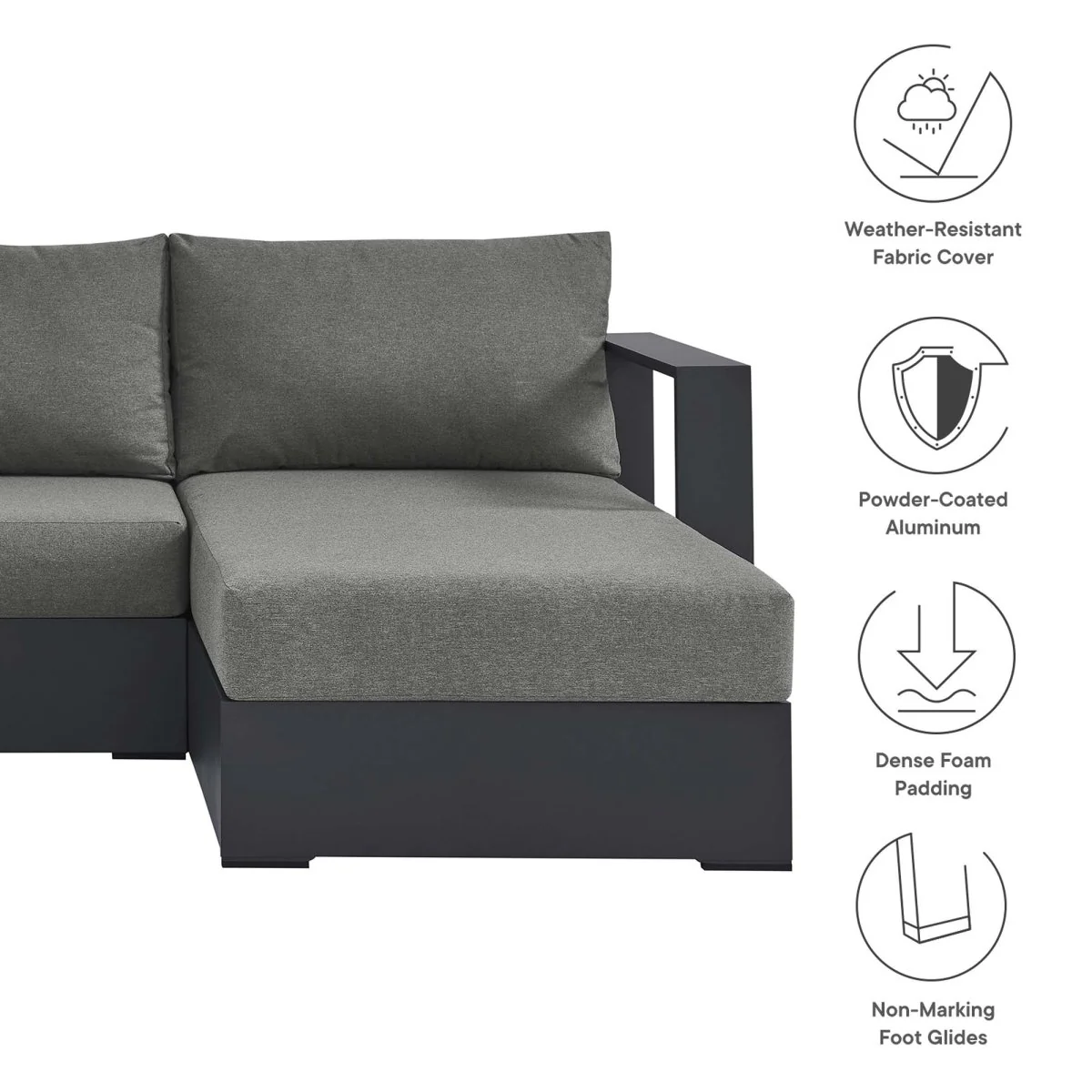 123" 3-Piece Gray Aluminum Outdoor Patio Right-Facing Chaise Sectional with Cushions - Image 2