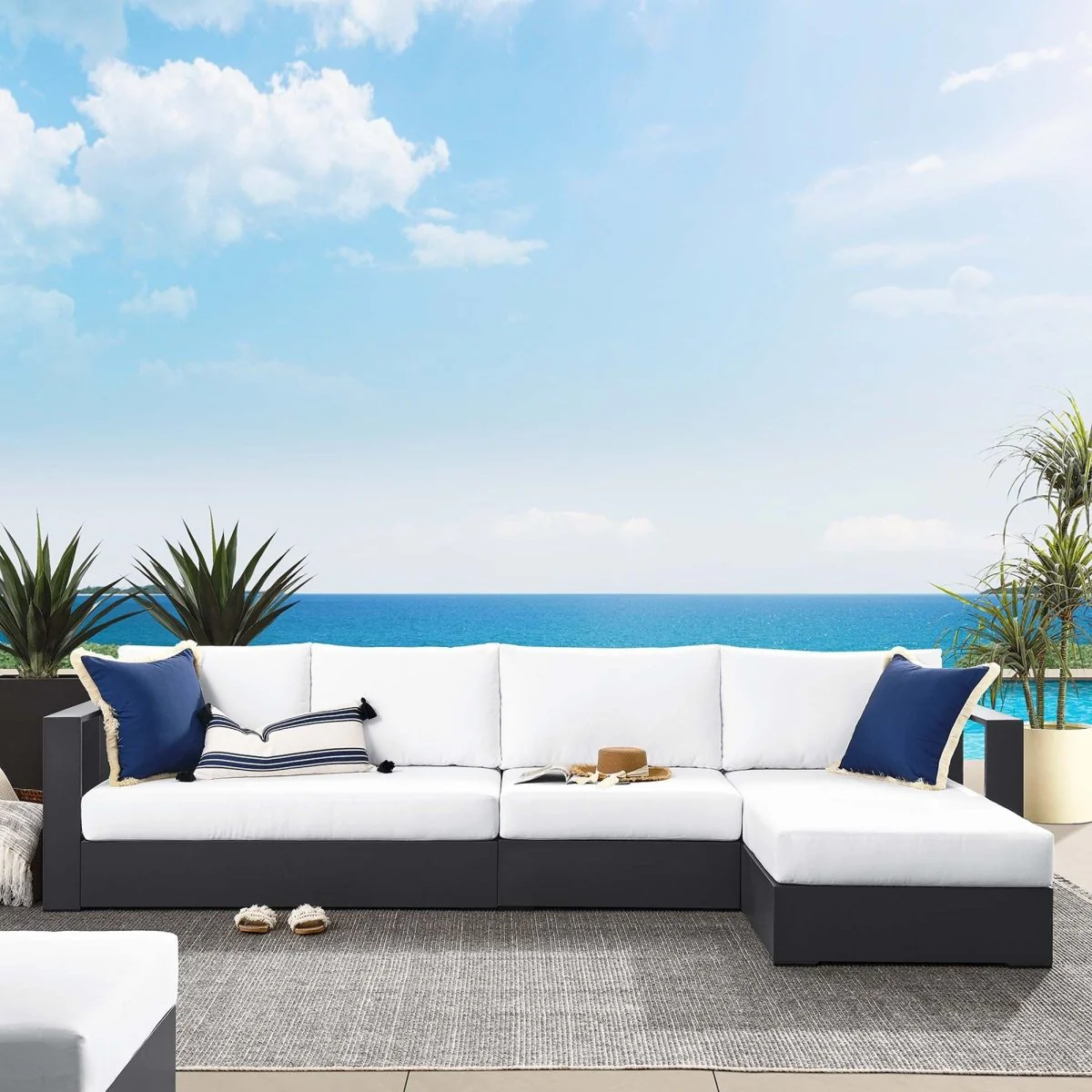 123" 3-Piece Gray Aluminum Outdoor Patio Right-Facing Chaise Sectional with Cushions - Image 24