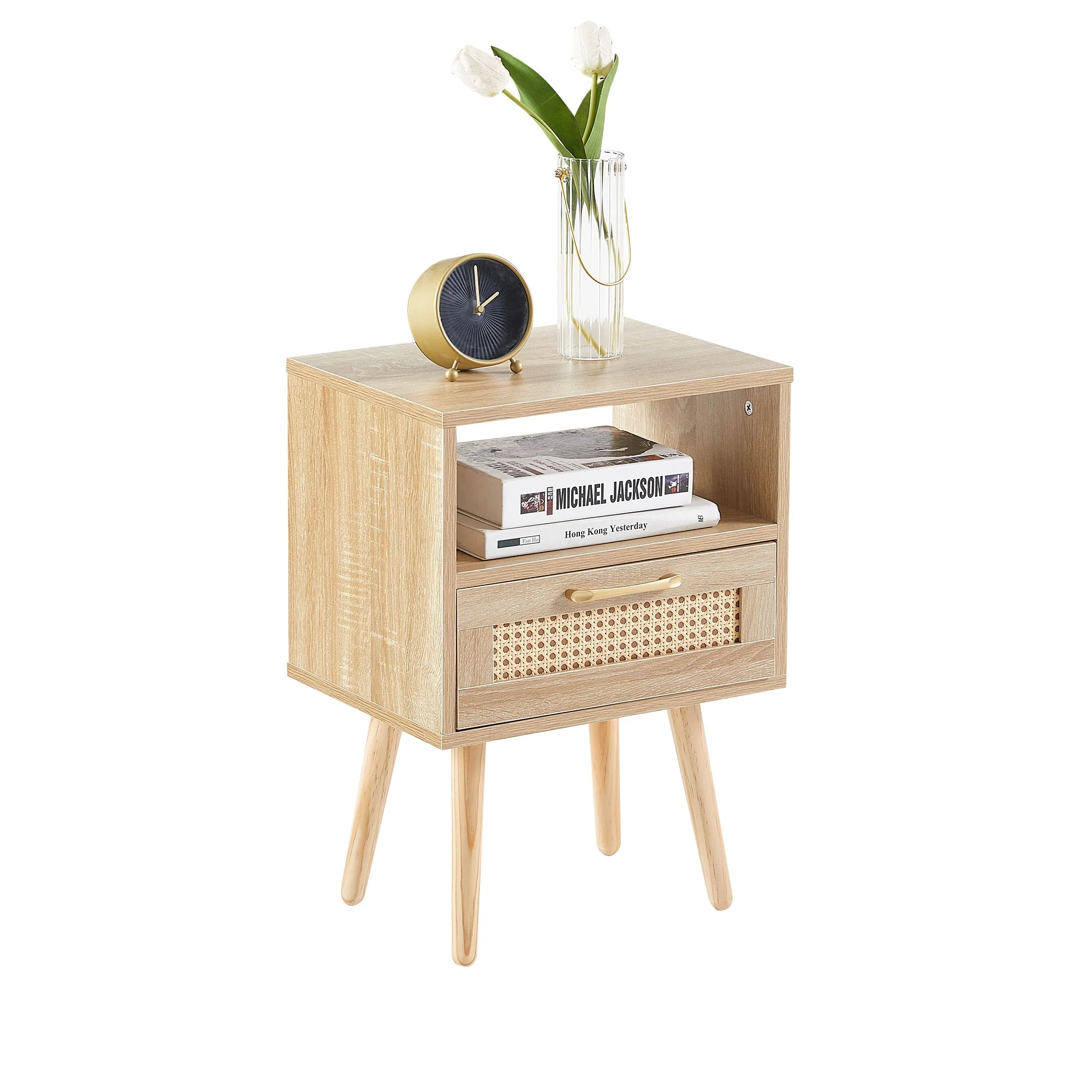15.75" Rattan End Table With Drawer And Solid Wood Legs, Modern Nightstand, Side Table For Living Room, Bedroom - Image 19
