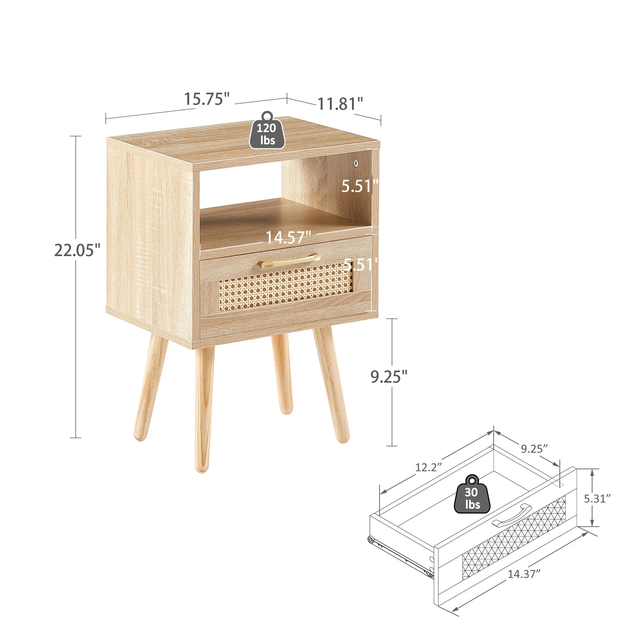 15.75" Rattan End Table With Drawer And Solid Wood Legs, Modern Nightstand, Side Table For Living Room, Bedroom - Image 9
