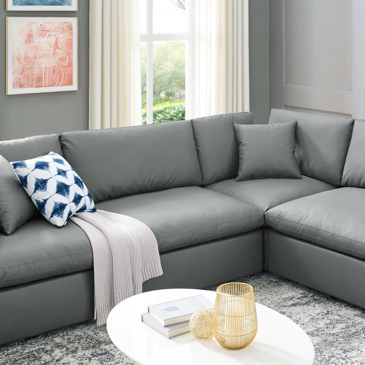 158-Inch Commix Down Filled Overstuffed Vegan Leather 8-Piece Sectional Sofa in Gray - Image 3