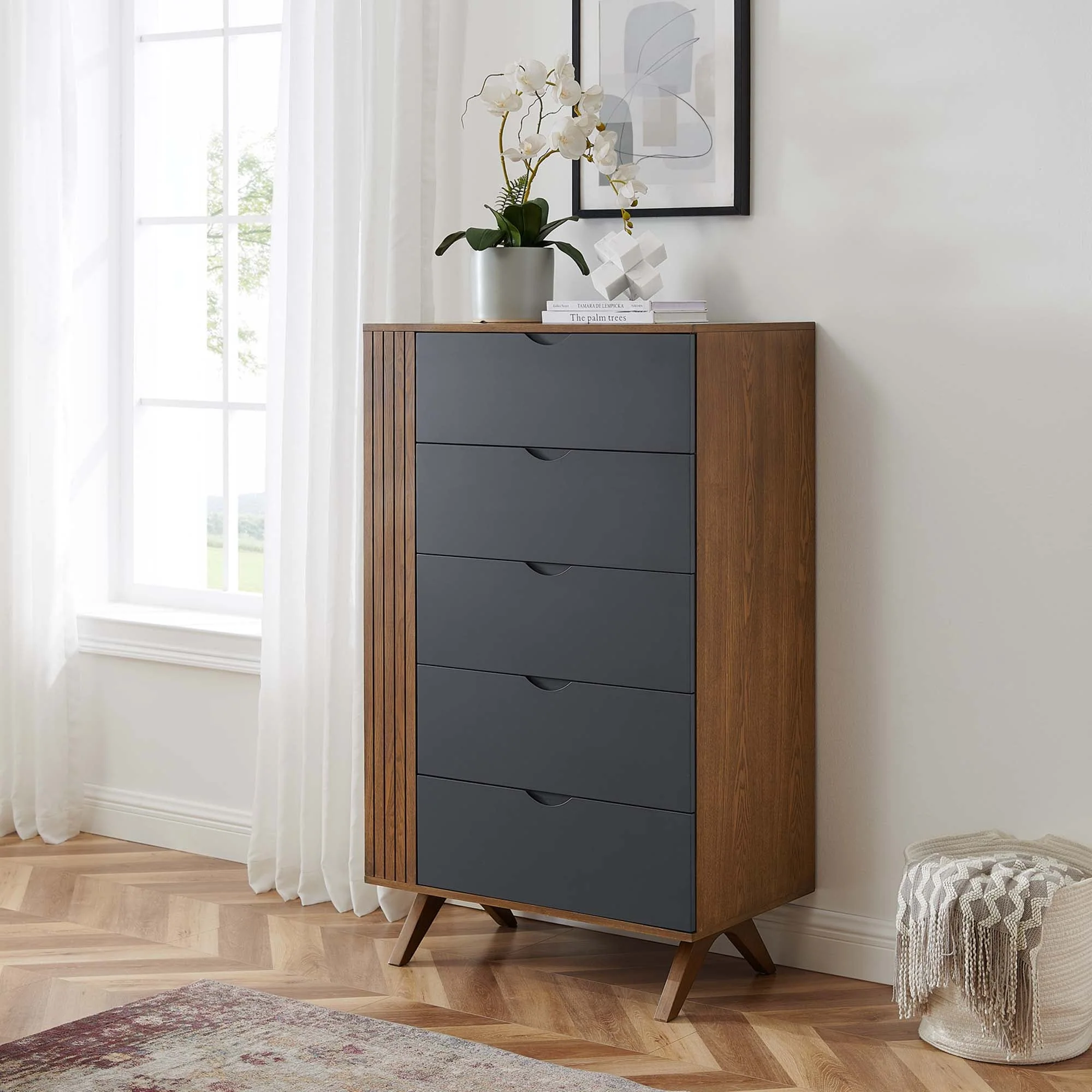 17" Walnut Gray Modern 5-Drawer Bedroom Chest - Image 7