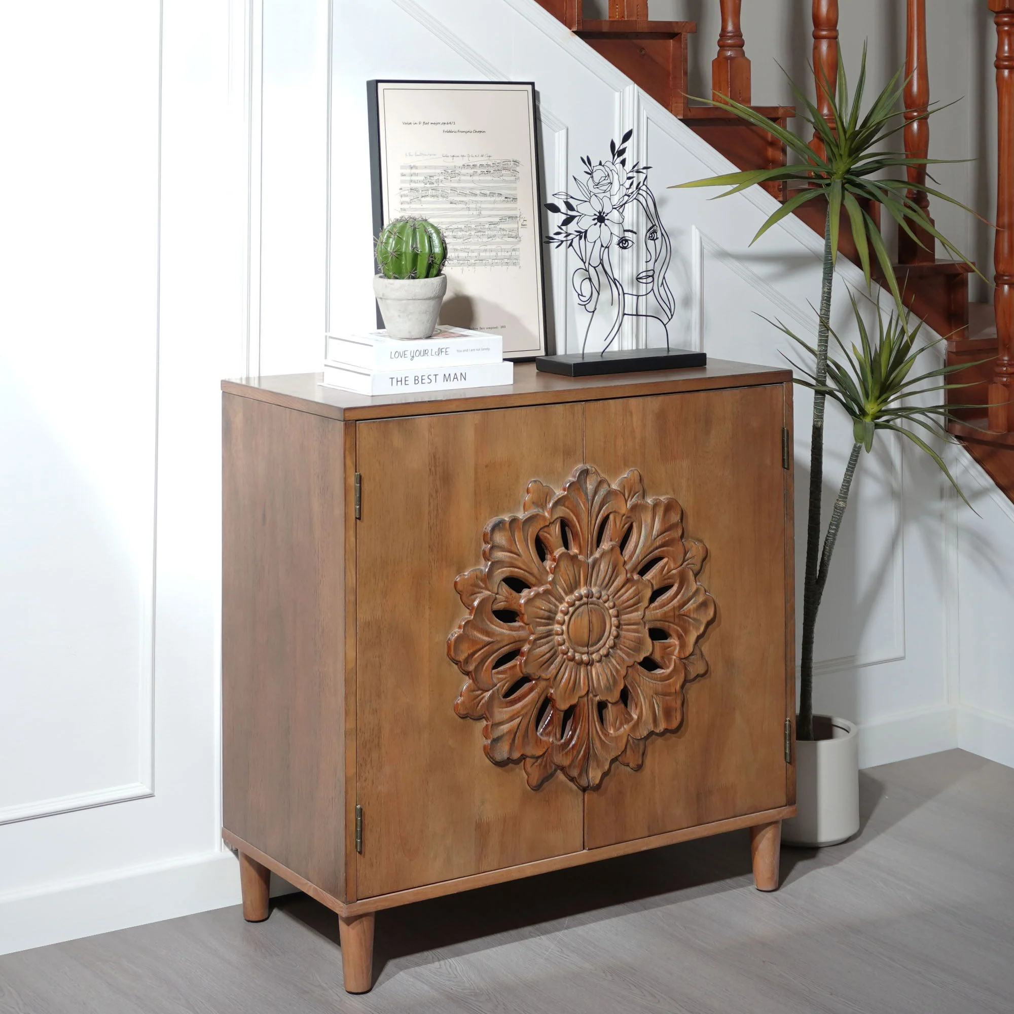 2 Door Accent Storage Cabinet With Floral Design, Sideboard For Living Room - Dark Brown - Image 6
