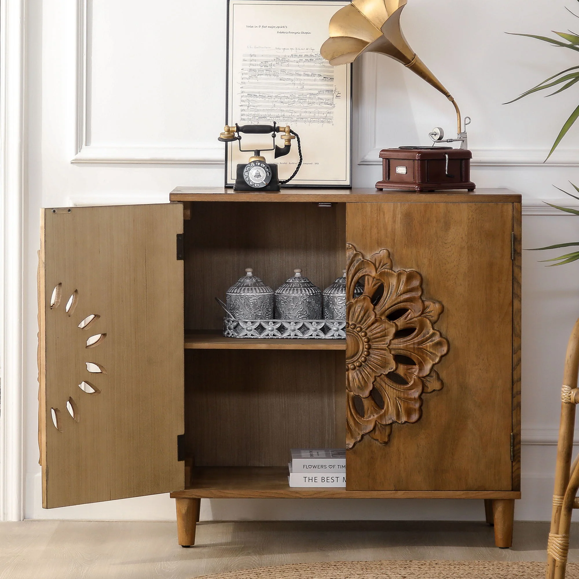 2 Door Accent Storage Cabinet With Floral Design, Sideboard For Living Room - Dark Brown - Image 8