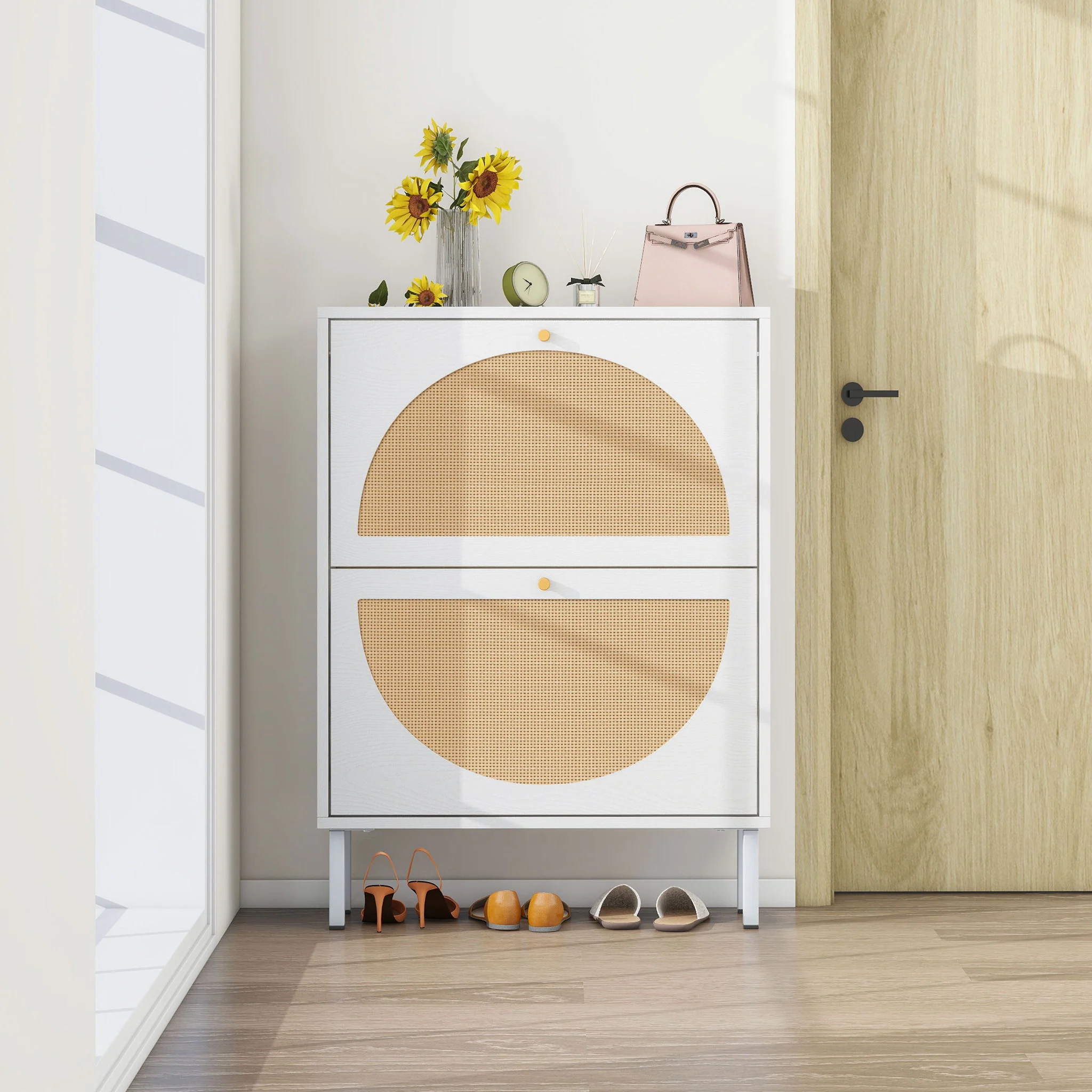 2 Door Shoe Rack, Rattan, Double Layer, Suitable For Living Room, Hallway - White - Image 7