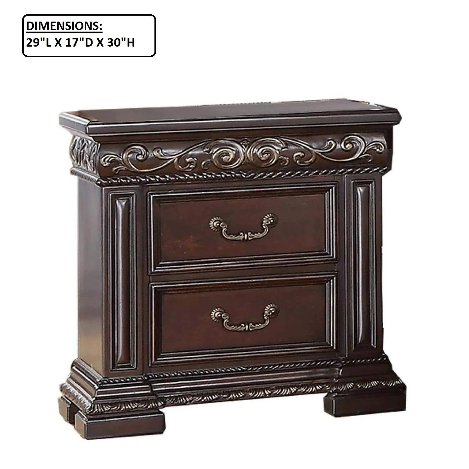 2 Drawer Nightstand, Carvings Bedside Table, Bedroom Furniture - Cherry - Image 2