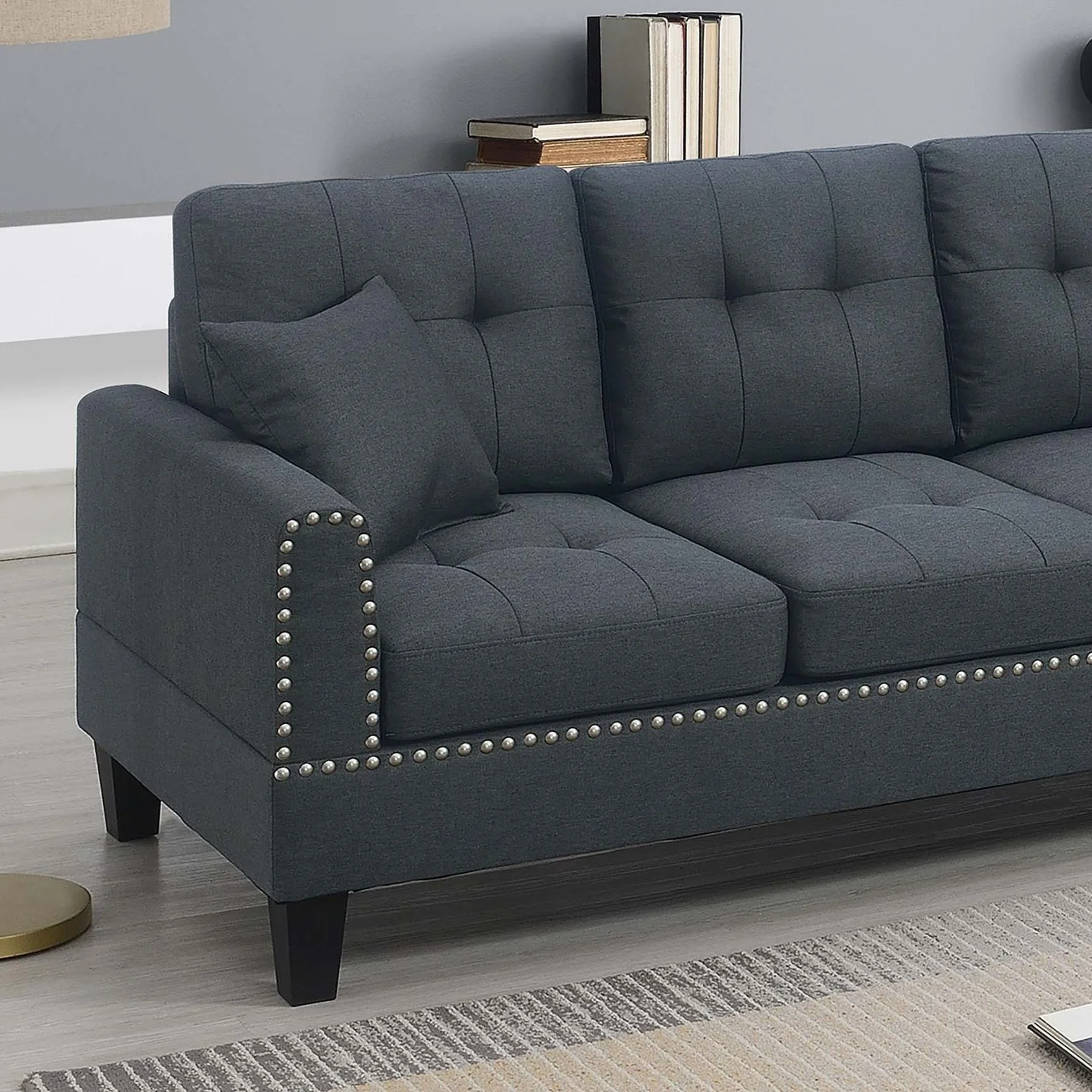 2 Piece Sectional Set With Nailhead Trim, Sofa And Matching Accent Pillows - Charcoal - Image 2