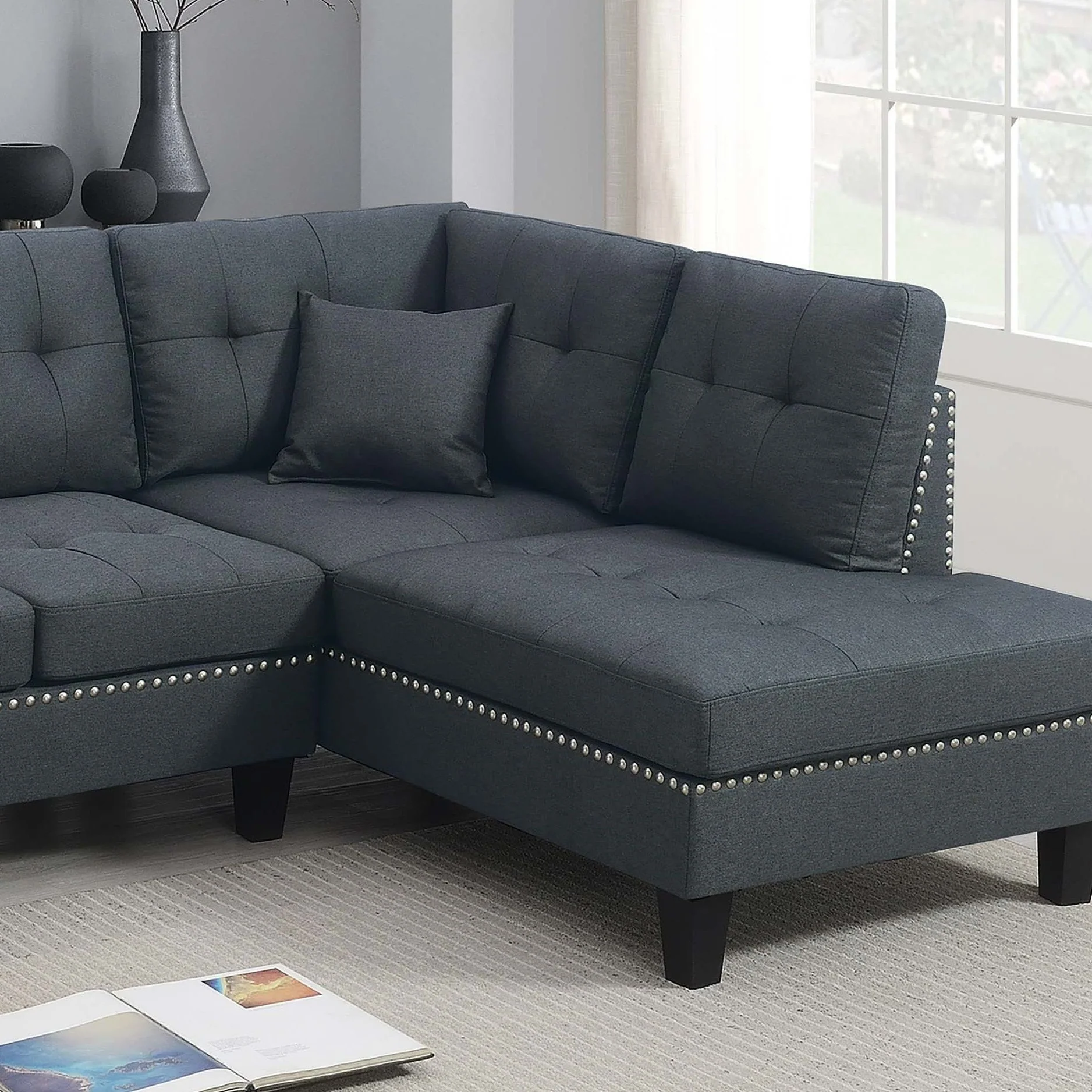 2 Piece Sectional Set With Nailhead Trim, Sofa And Matching Accent Pillows - Charcoal - Image 4