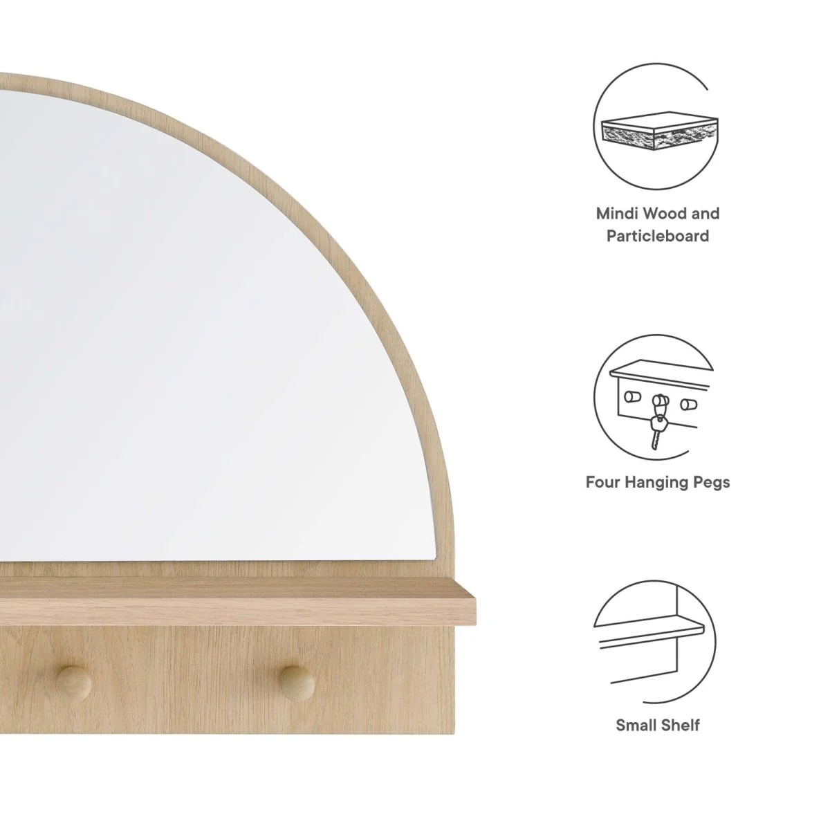 23x15" Arched Wall Mirror with Shelf and Pegs - Wall-Mounted Mirror with Shelf and Coat Pegs - Image 12