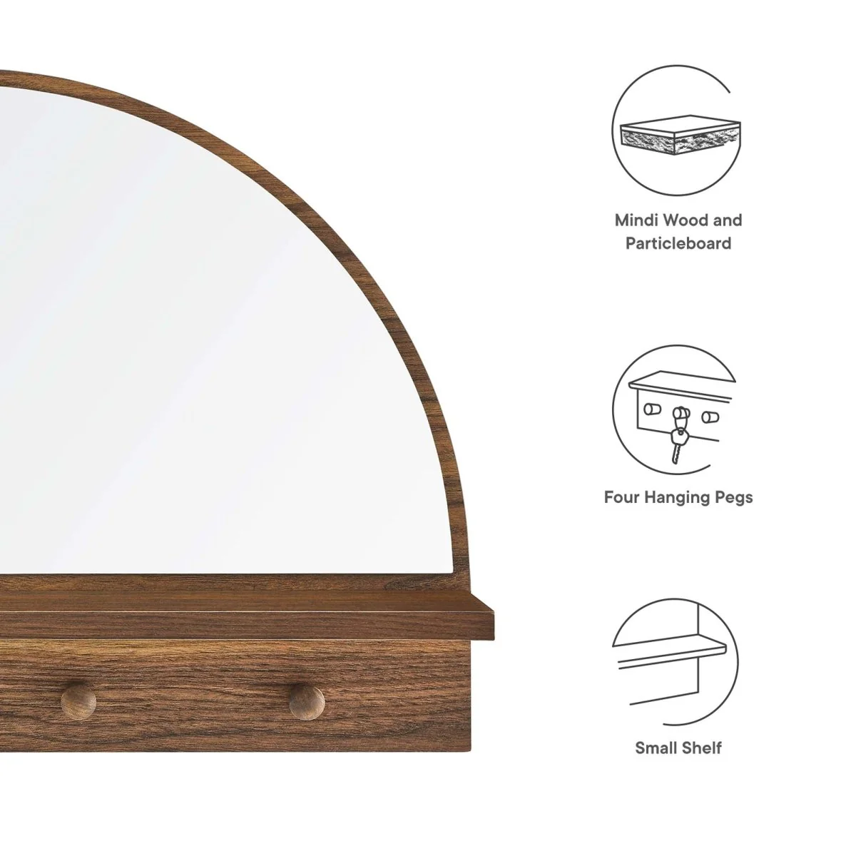 23x15" Arched Wall Mirror with Shelf and Pegs - Wall-Mounted Mirror with Shelf and Coat Pegs - Image 3