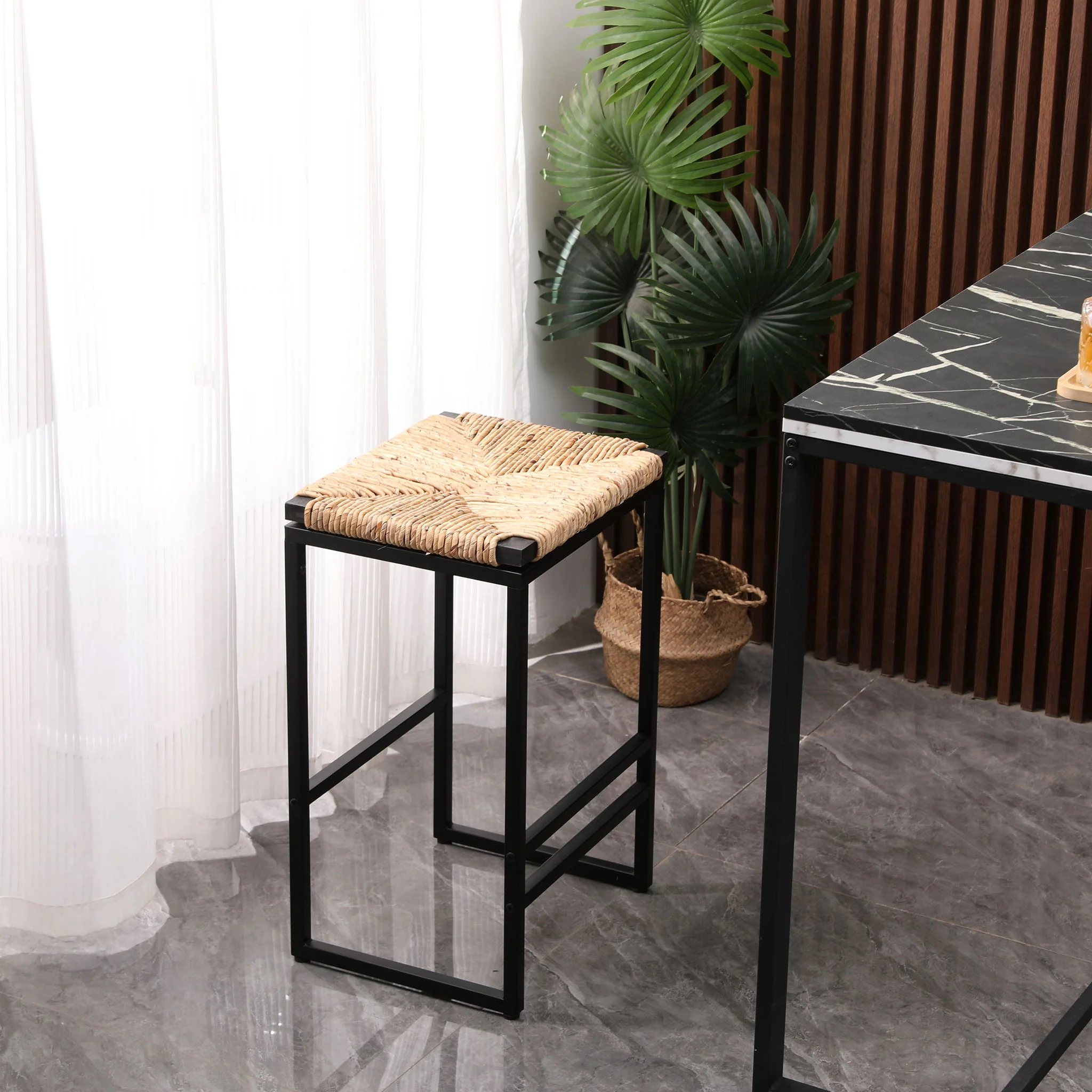 25" Height Backless Water Hyacinth Woven Bar Stools With Footrest (Set of 2) - Natural - Image 2