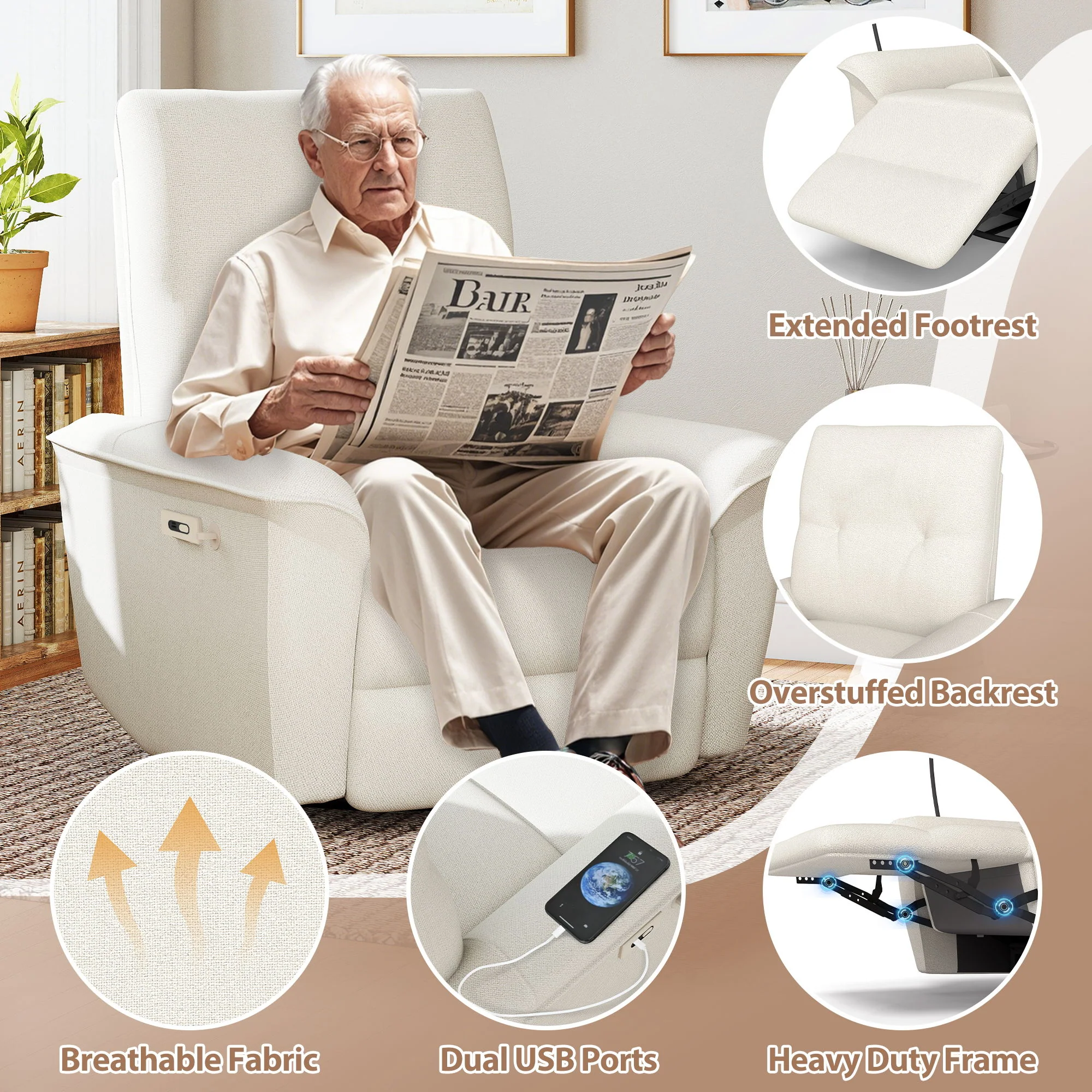270° Power Swivel Rocker Recliner Chair With Phone Holder, Electric Glider Reclining Sofa With USB Ports For Living Room Bedroom - Beige - Image 3