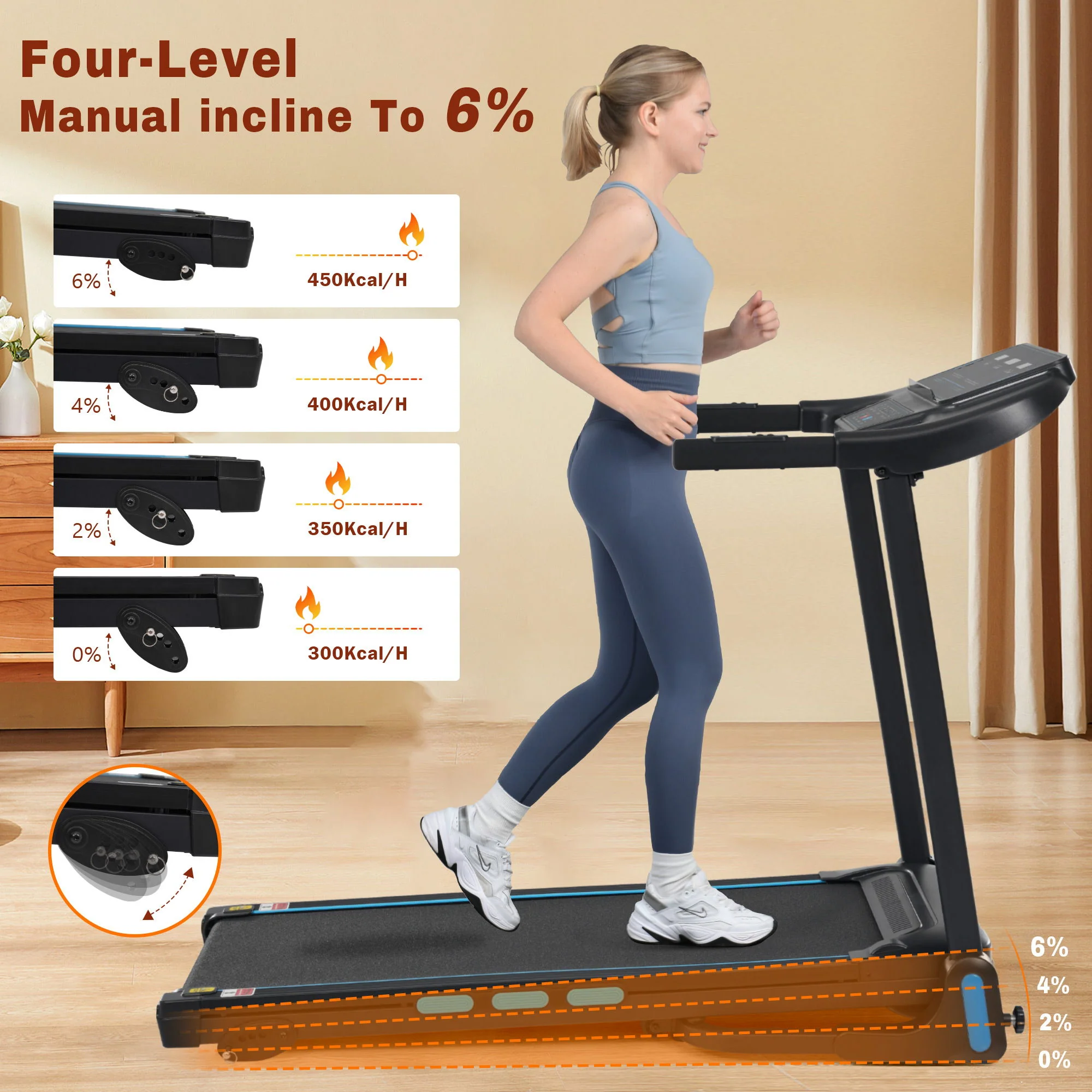 3.5Hp Hydraulic System Auto Foldable Treadmill With Incline, Heart Rate Sensors, Type C & USB Charge, Bluetooth Speaker - Black - Image 2