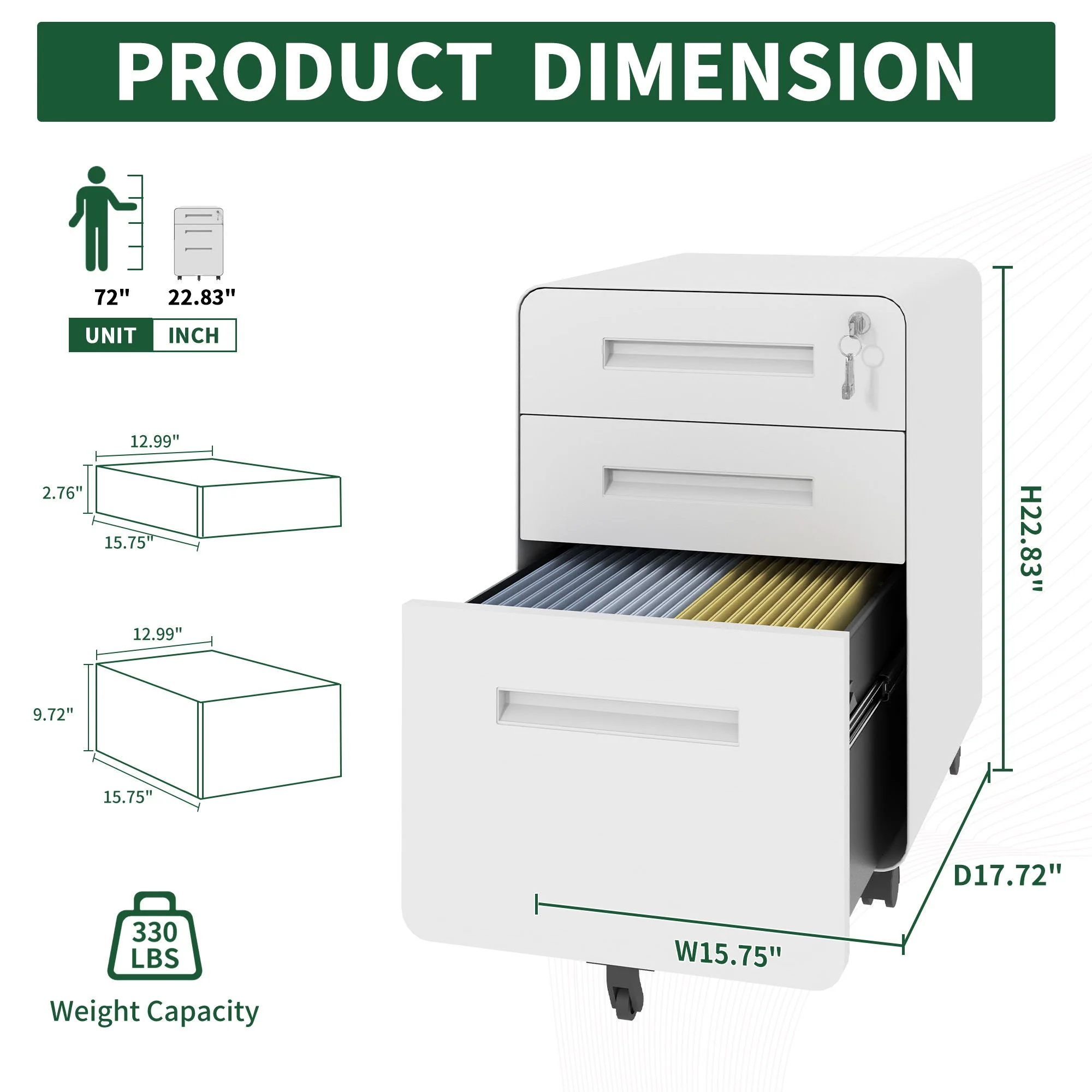 3-Drawer Mobile File Cabinet With Lock, On Casters, Holds A4/Letter Files - Image 6
