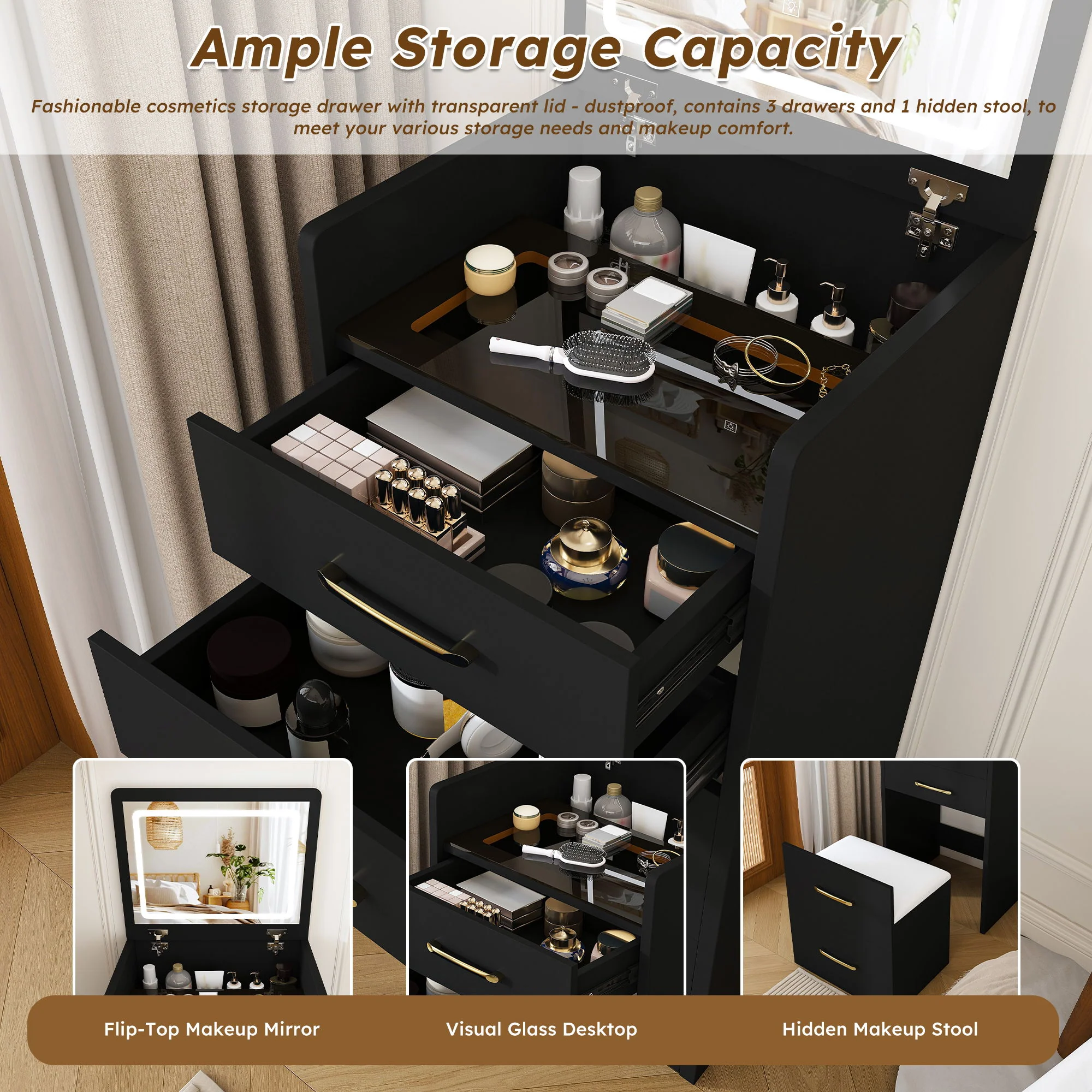 3 In 1 Vanity Desk With Open Top Mirror, Glass Desktop Makeup Set With 3 Drawers, Compact Dressing Table For Bedroom - Black - Image 5