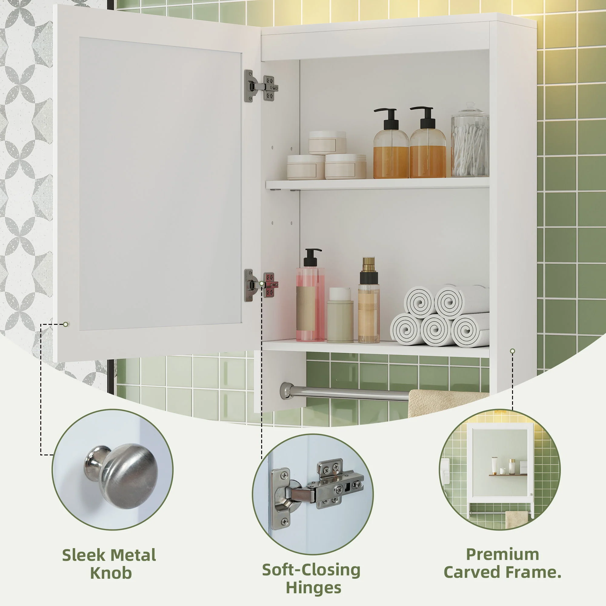 3 In 1 Wall Mounted Bathroom Mirror Cabinet With Adjustable Shelf, Soft Close Door, Mirror & Towel Bar - White - Image 3