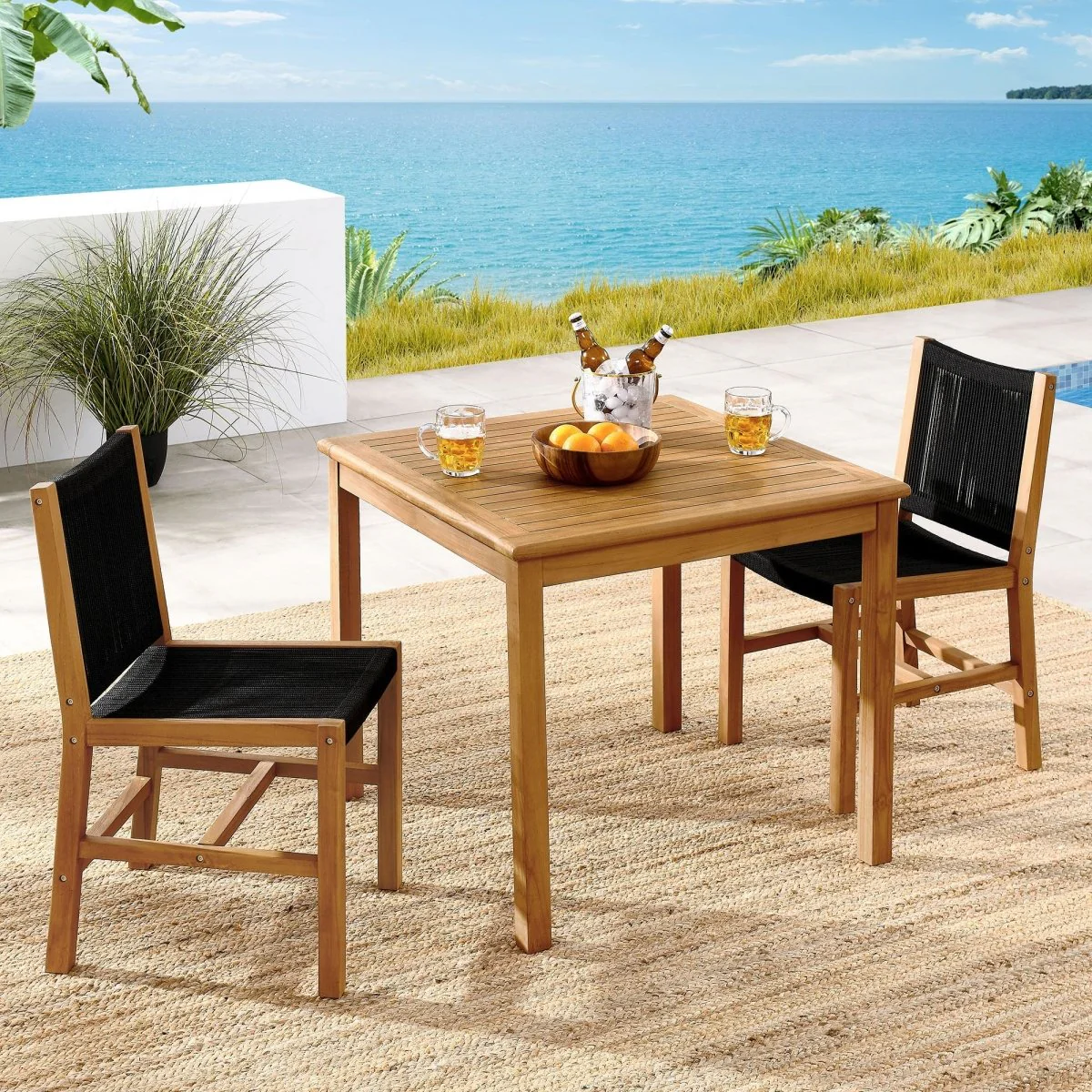 3-Piece Outdoor Teak and Rope Dining Set with Armless Chairs for Patio, Deck and Backyard - Image 9