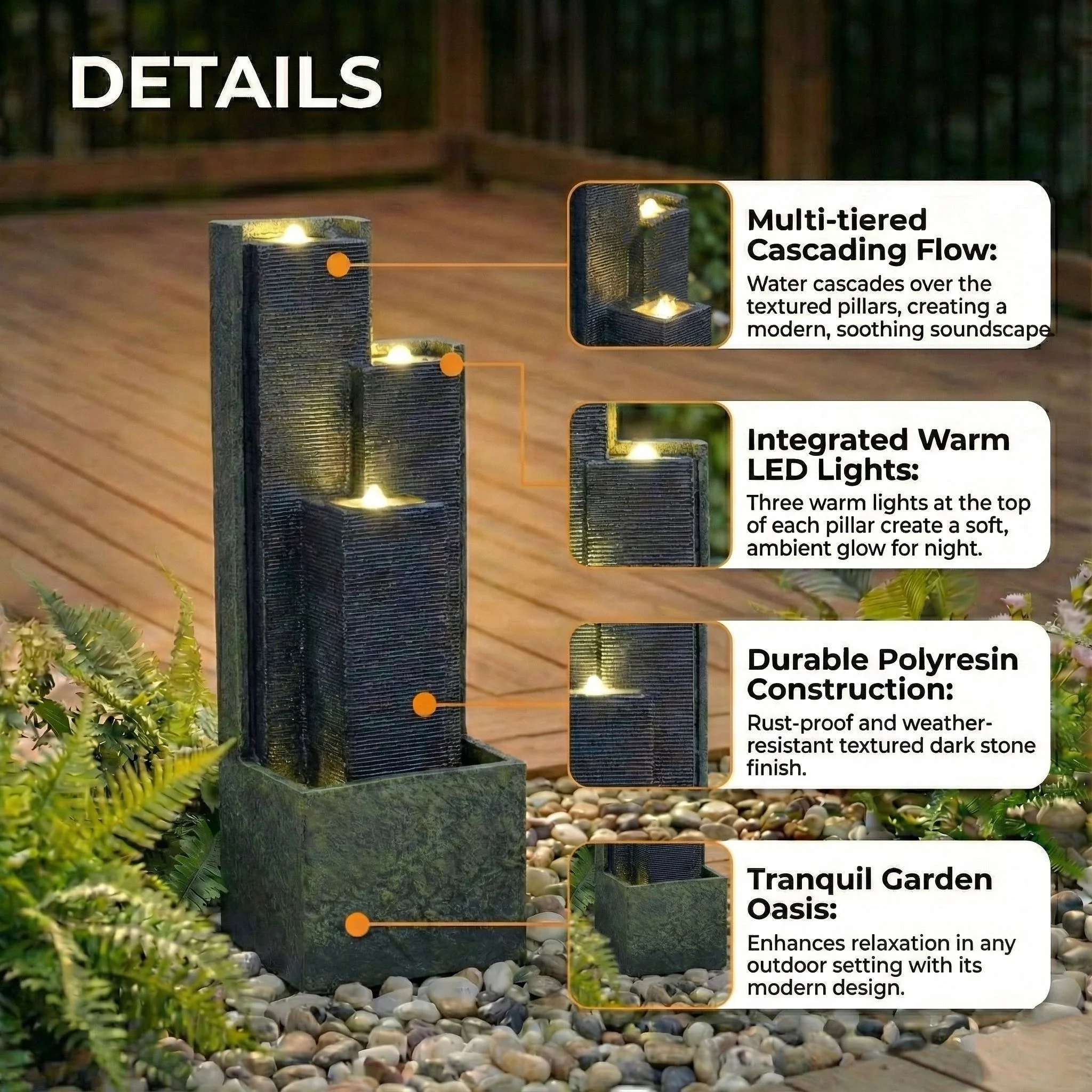 3 Tier Waterfall Fountain With LED Lights - Gray - Image 3