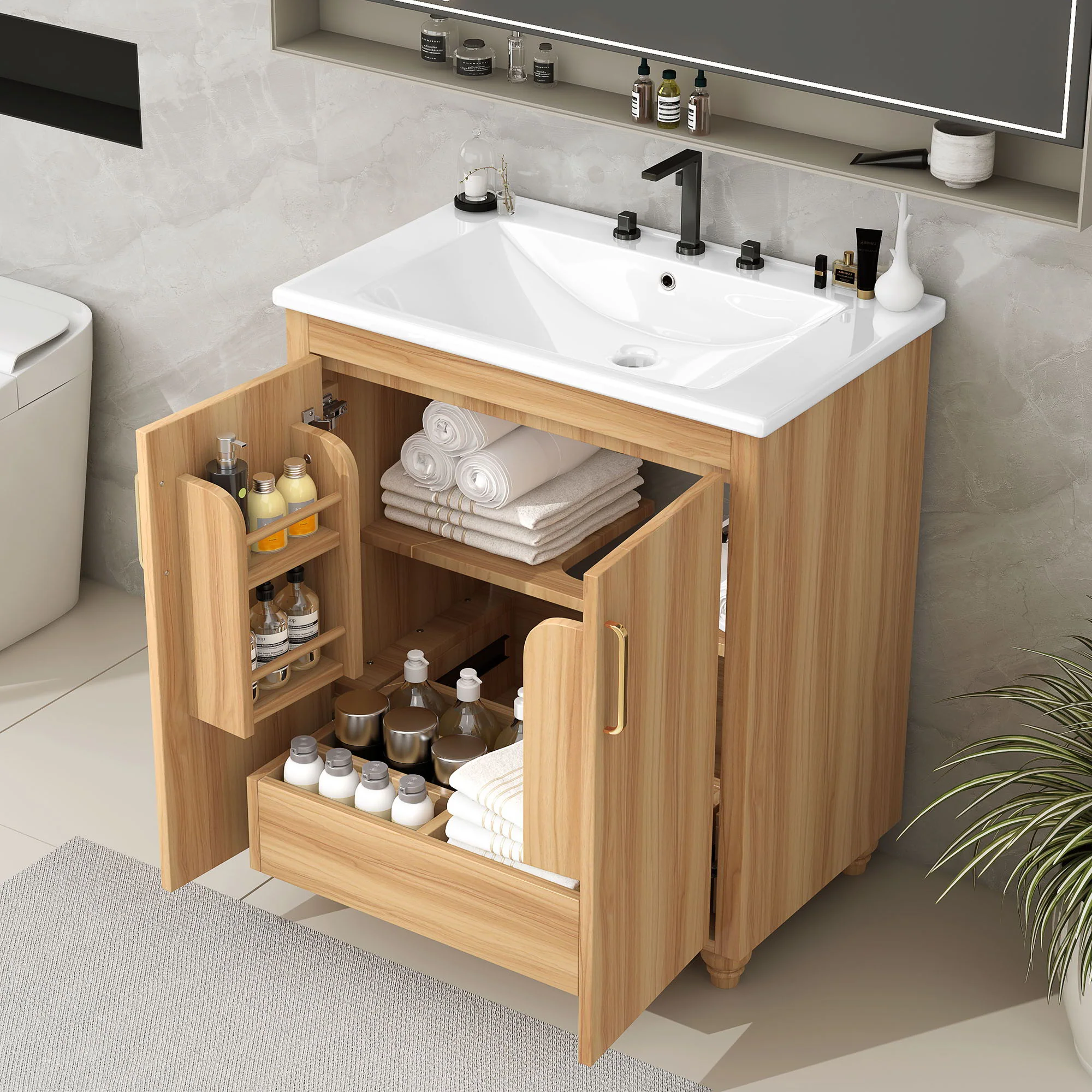 30" Bathroom Vanity With Sink, Cabinet With Doors And Drawer, Rectangular Shape - Natural - Image 2
