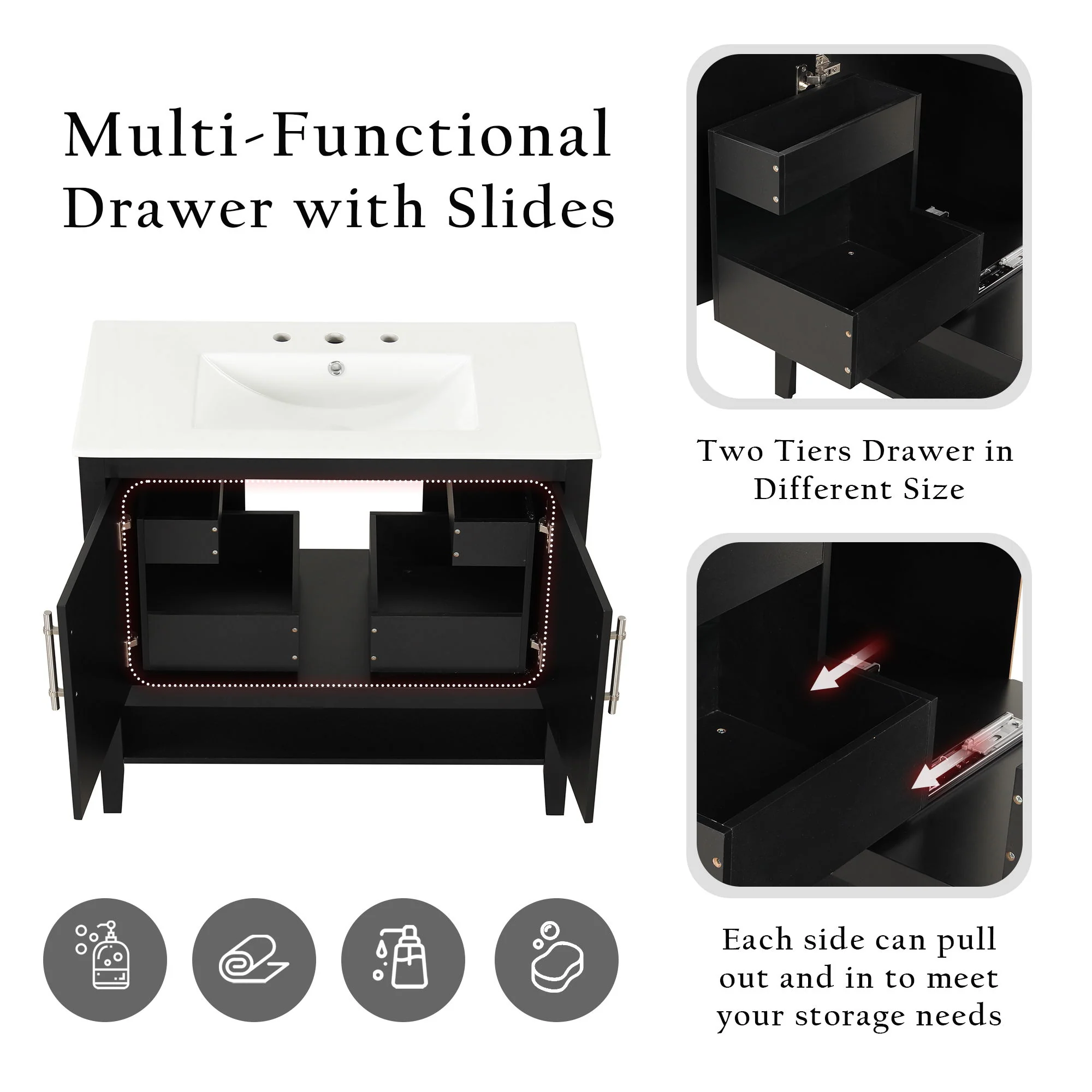 36" Bathroom Vanity With Sink, Frame Cabinet With Doors And Drawers - Black - Image 3