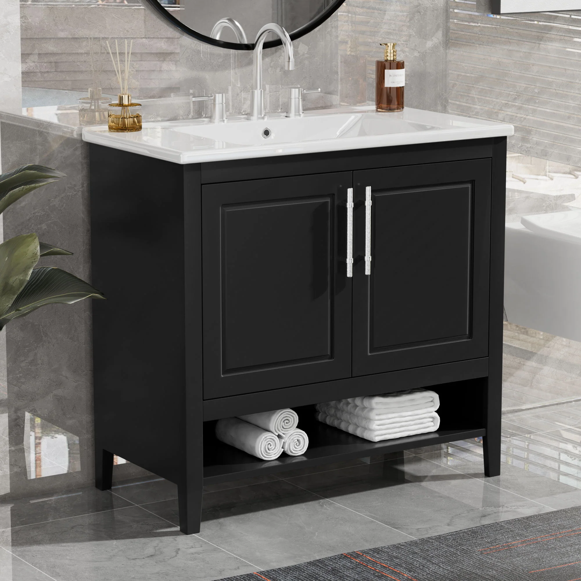 36" Bathroom Vanity With Sink, Frame Cabinet With Doors And Drawers - Black - Image 6
