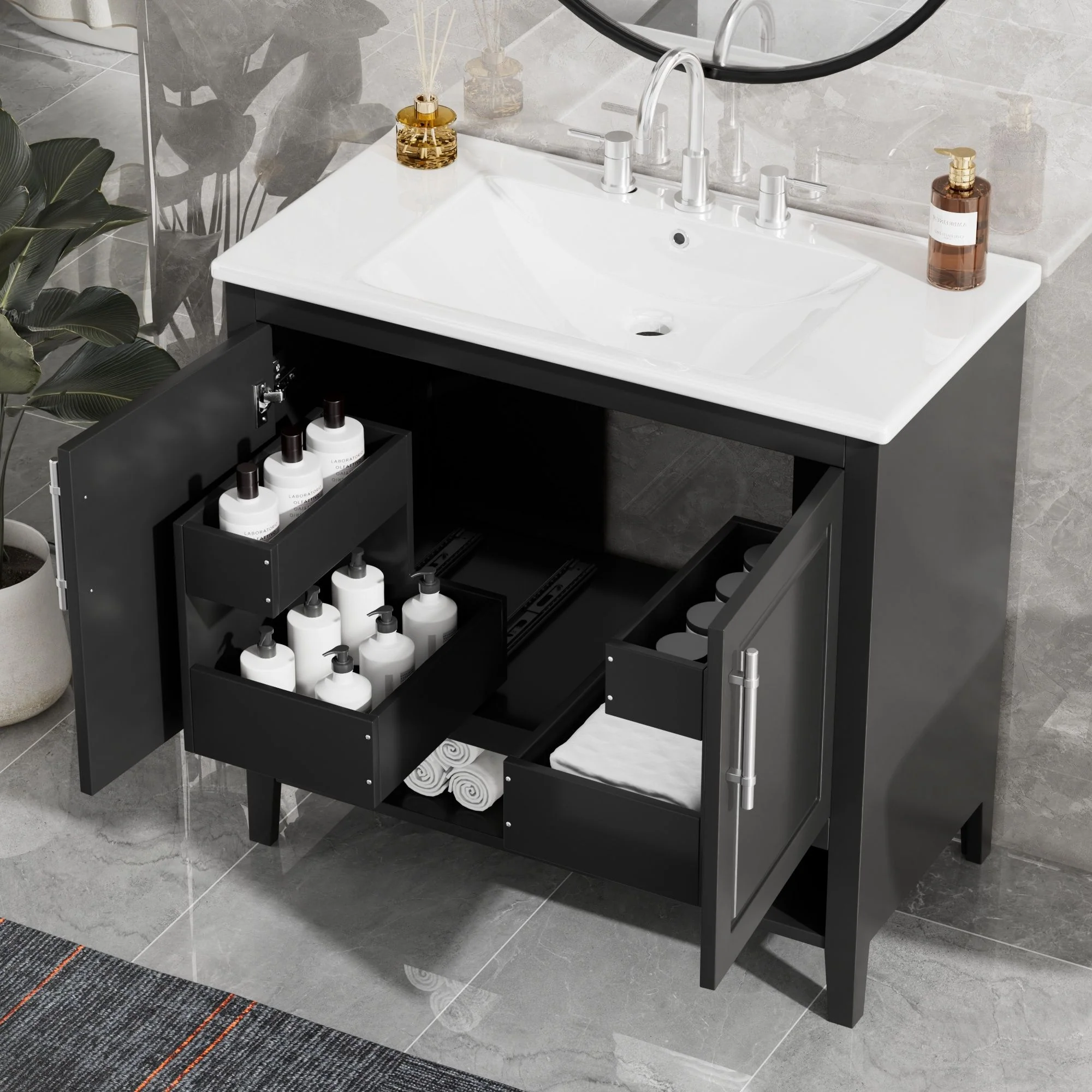 36" Bathroom Vanity With Sink, Frame Cabinet With Doors And Drawers - Black - Image 7