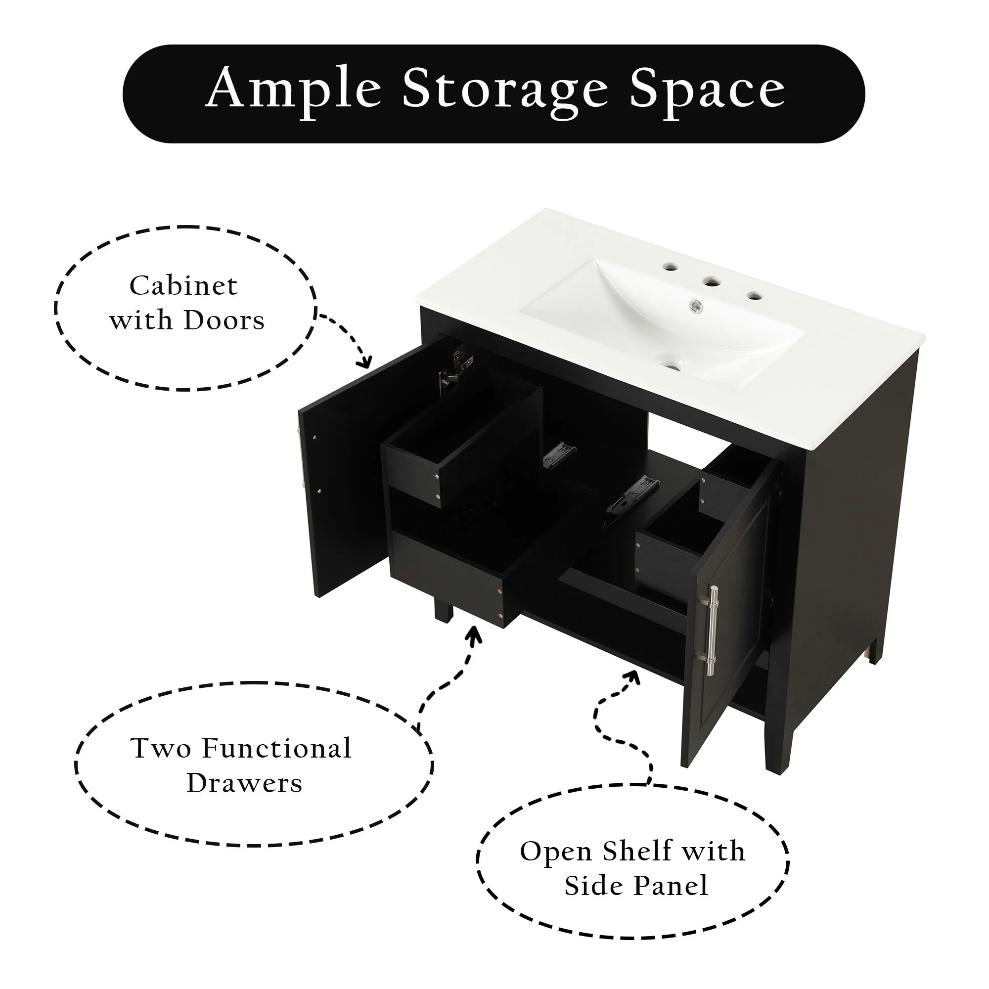 36" Bathroom Vanity With Sink, Frame Cabinet With Doors And Drawers - Black - Image 9