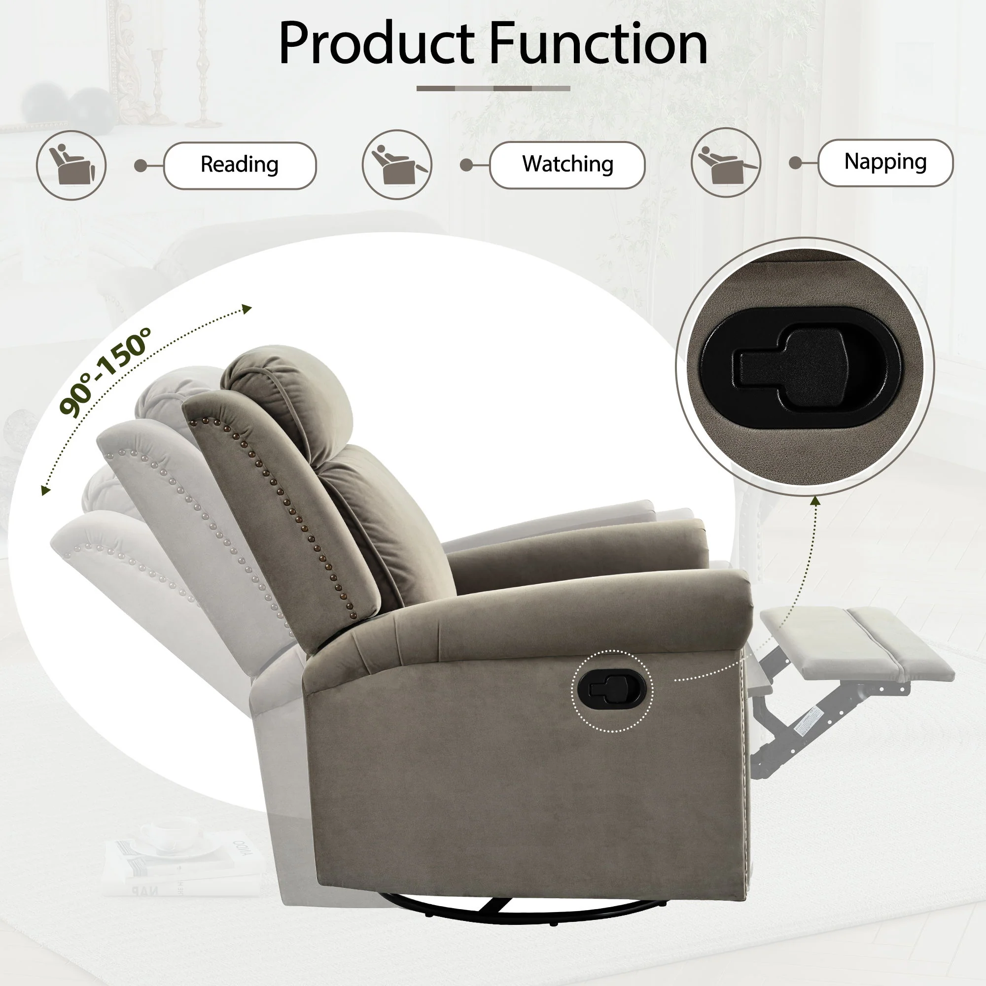360 Degrees Swivel Recliner Manual Rocking Recliner Home With Adjustable Backrest - Image 4