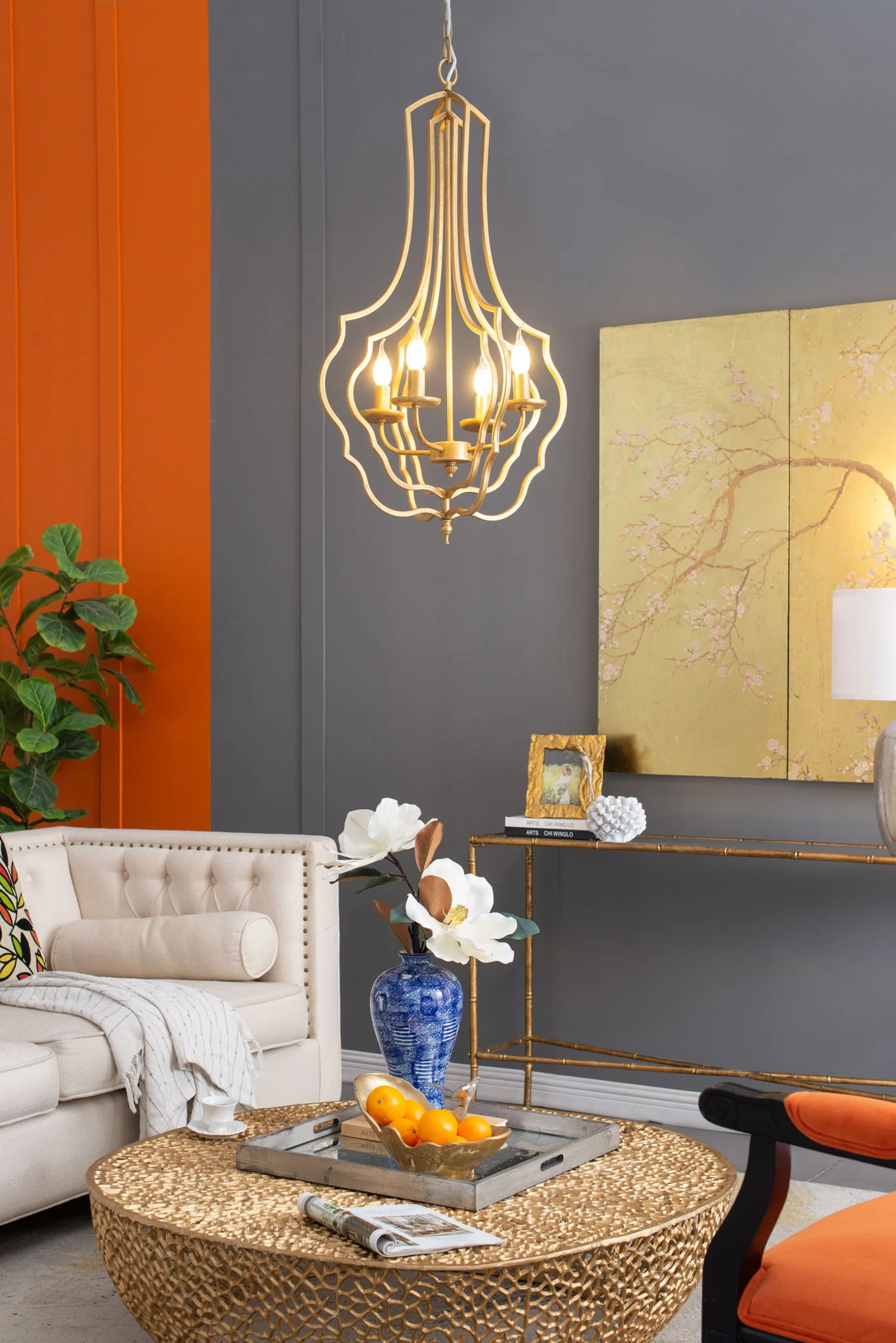 4 Light Chandelier, Hanging Light Fixture With Adjustable Chain For Kitchen, Bulb Not Included - Gold - Image 8