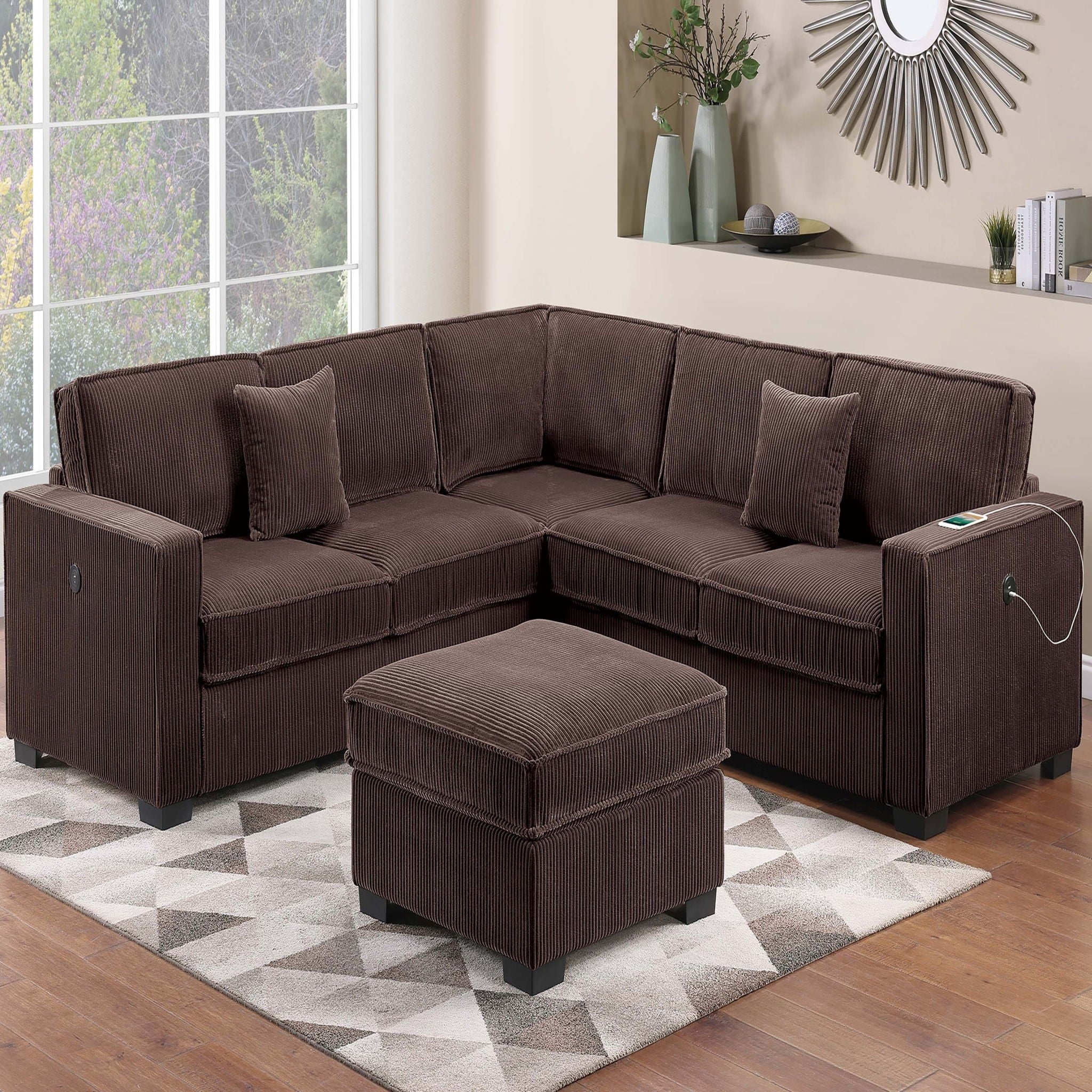 4 Piece Sectional Set With USB Ports, Left Arm Facing / Right Arm Facing Loveseat, Corner Wedge, Cocktail Ottoman, 2 Pillows - Chocolate - Image 5