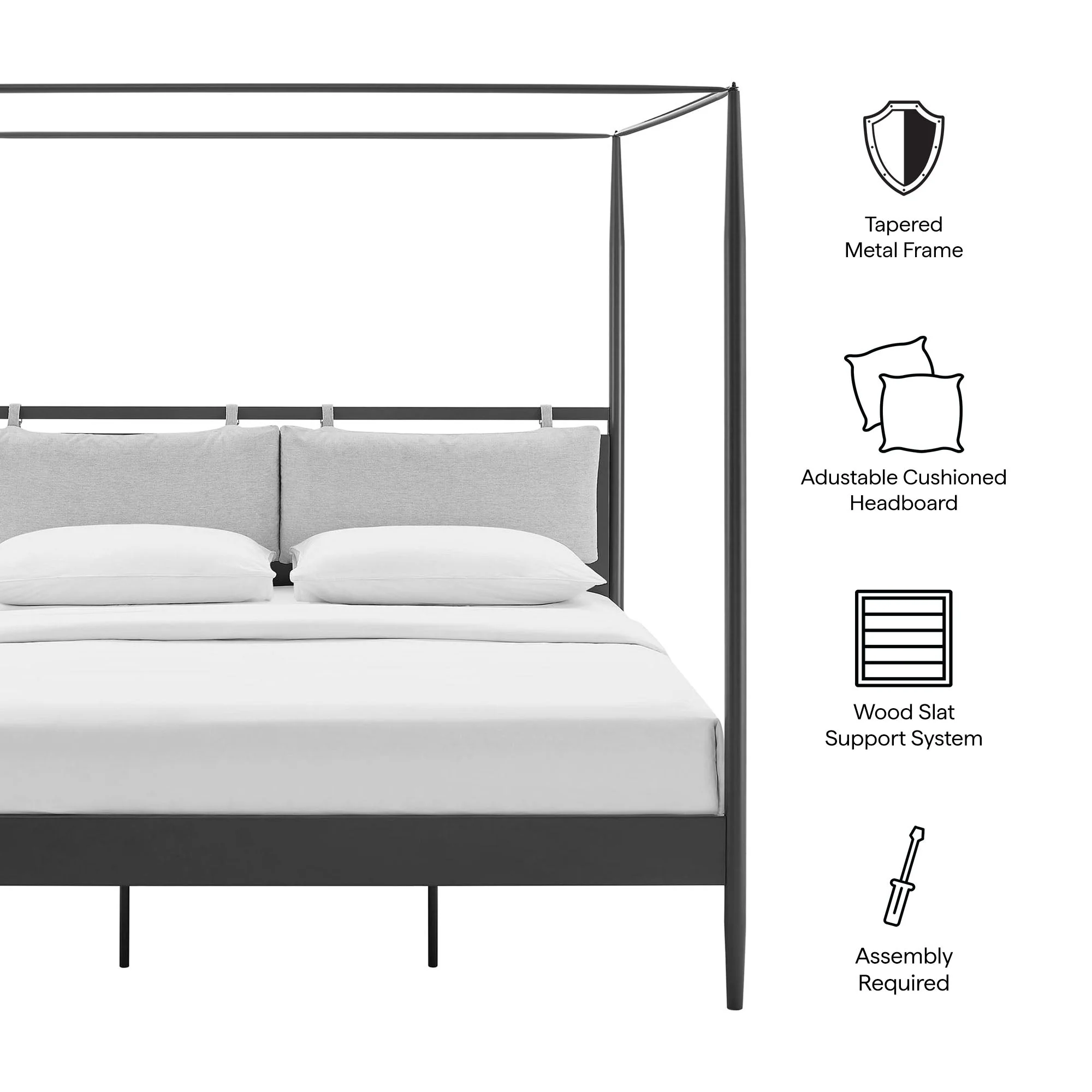 4-Poster Canopy Metal Platform Bed with Adjustable Cushioned Headboard - Image 20