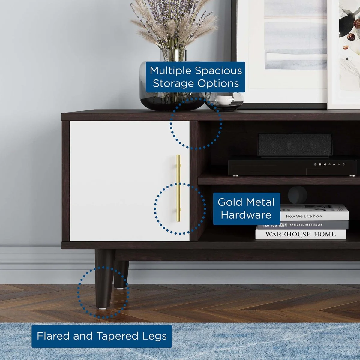 43 Inch Mid-Century Modern Contrasting TV Stand in Cappuccino White - Image 2