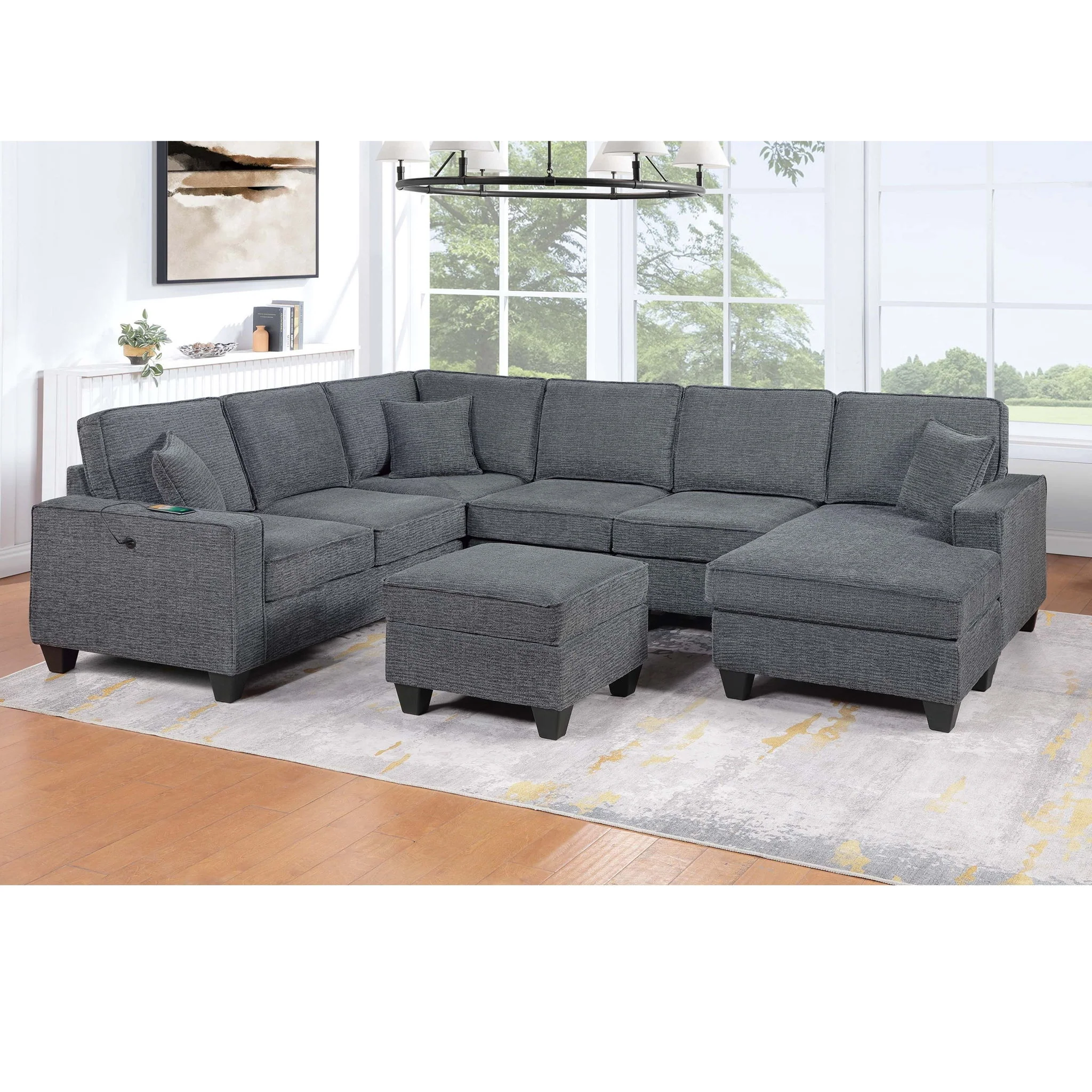 5 Piece Sectional Set Left Arm Loveseat With USB Port Corner Wedge Ottoman Armless Chair Right Arm Loveseat With Chaise - Gray / Slate - Image 3