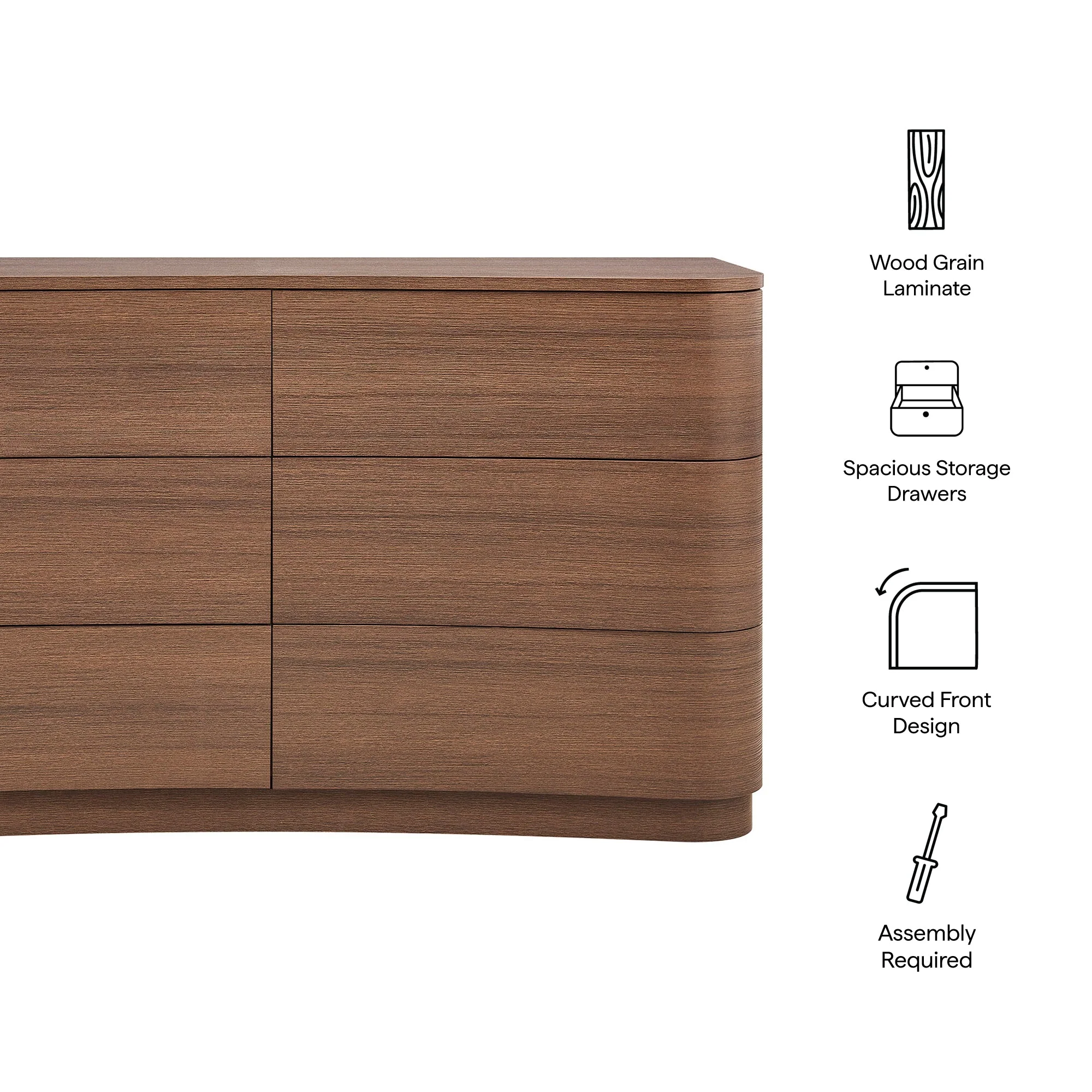 55" Brushed Oak Curved Front 6-Drawer Bedroom Dresser - Image 11