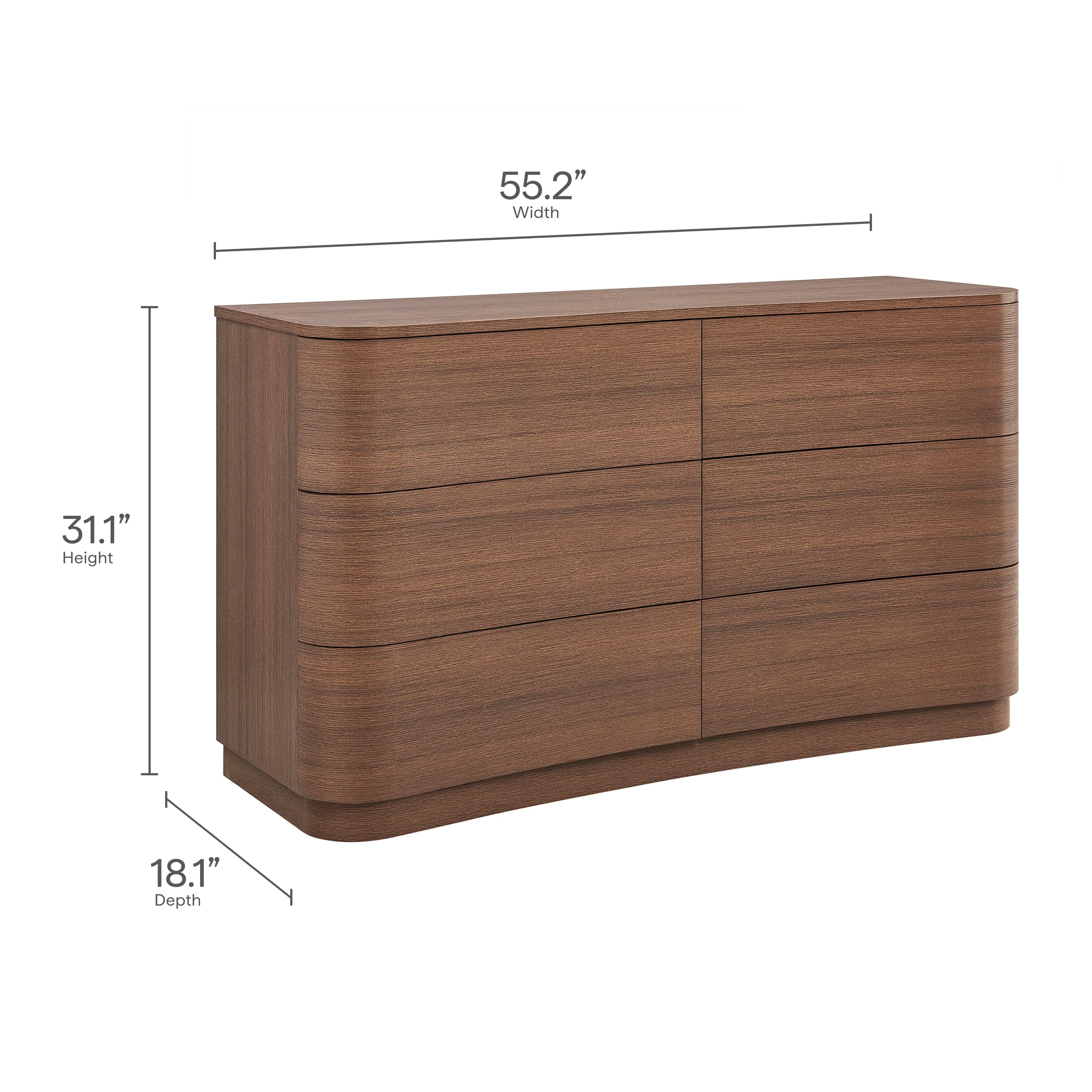 55" Brushed Oak Curved Front 6-Drawer Bedroom Dresser - Image 12