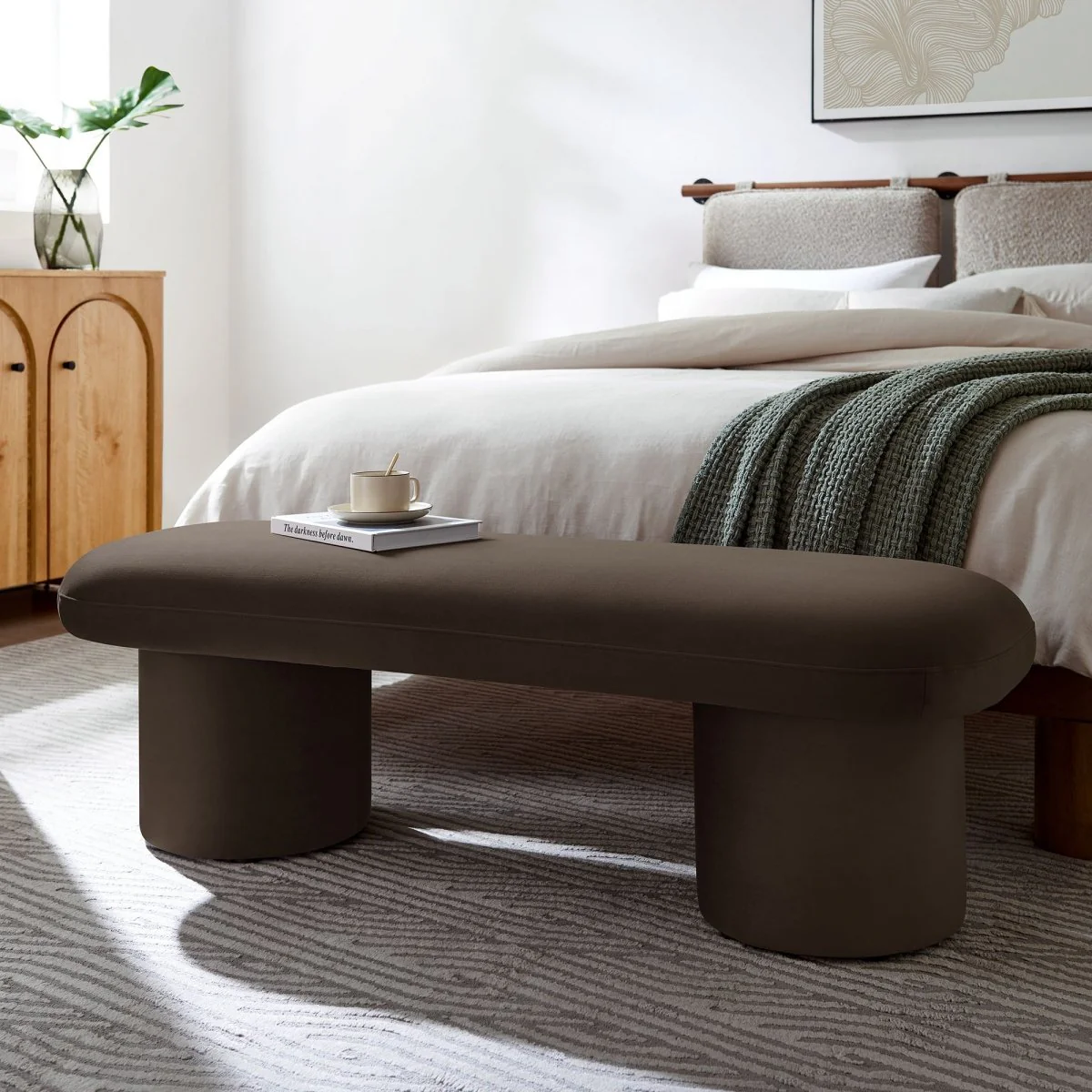 56 Inch Performance Velvet Bench with Cylindrical Legs and Overhang Seat - Image 6