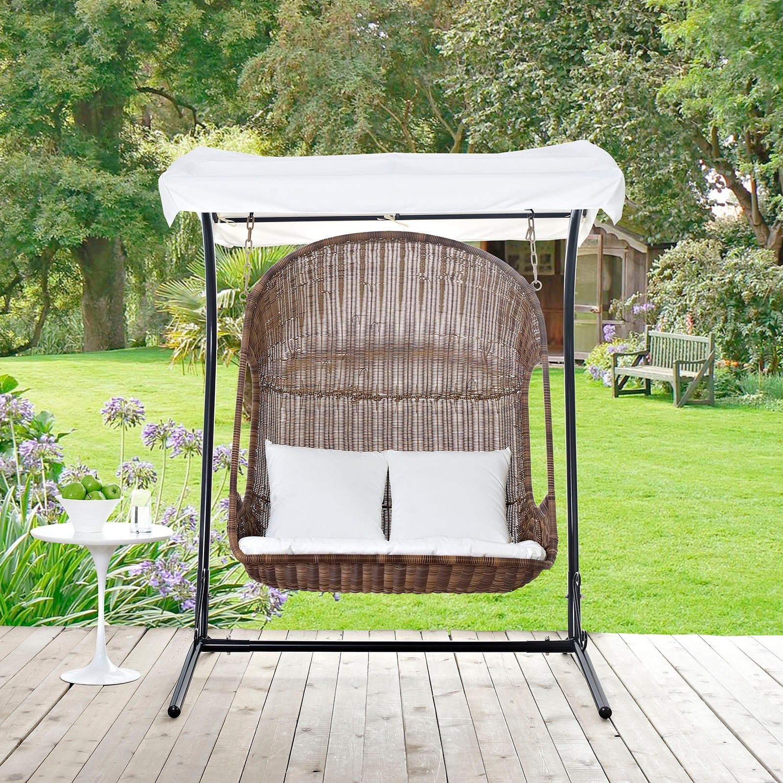 57" Brown and White Outdoor Double Rattan Swing Chair with Stand and Canopy - Image 4
