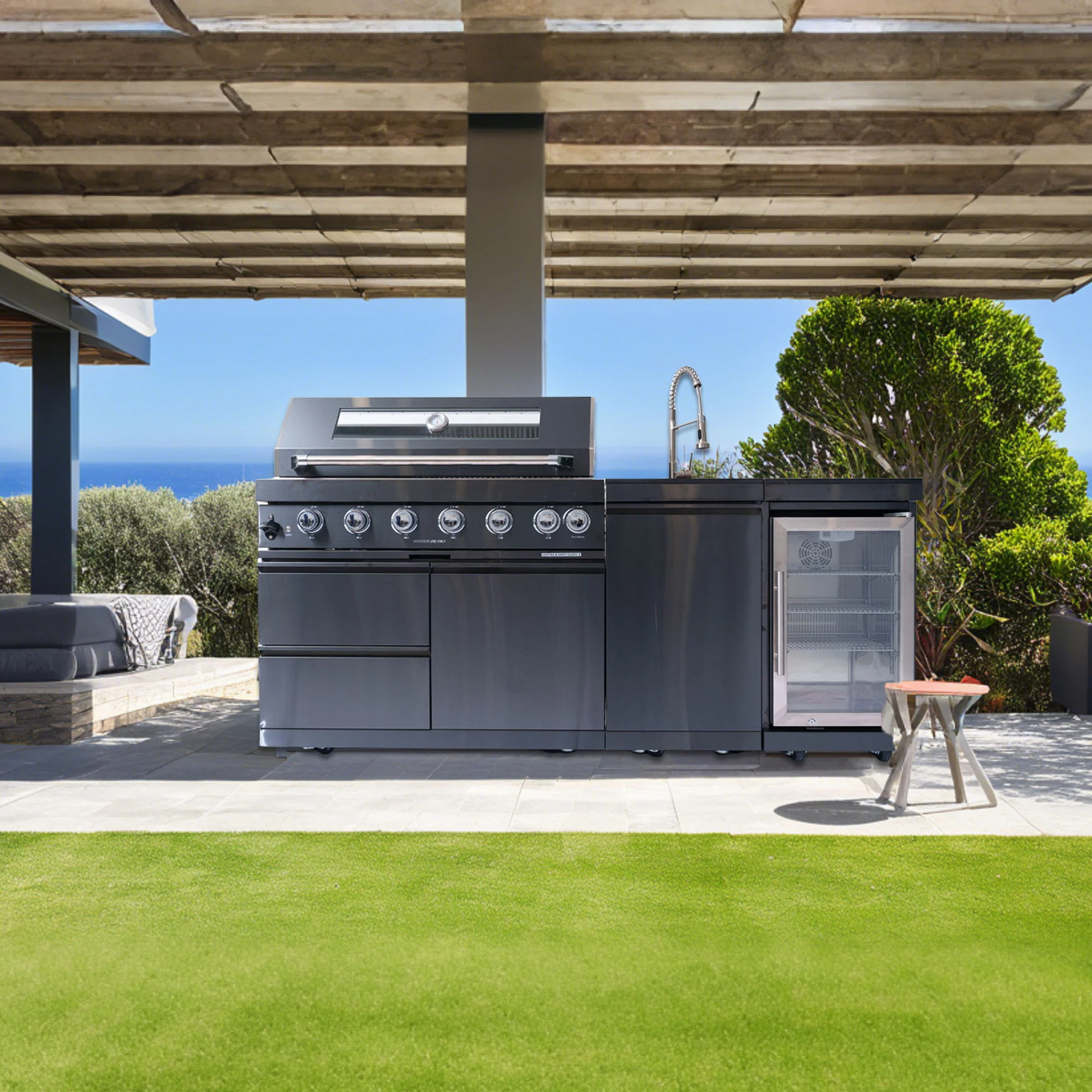 6 Burner 85, 000 Btu Outdoor Kitchen Island Grill With Wine Cooler Refrigerator, Rotisserie Kit, Granite Countertops & Sink - Black - Image 7
