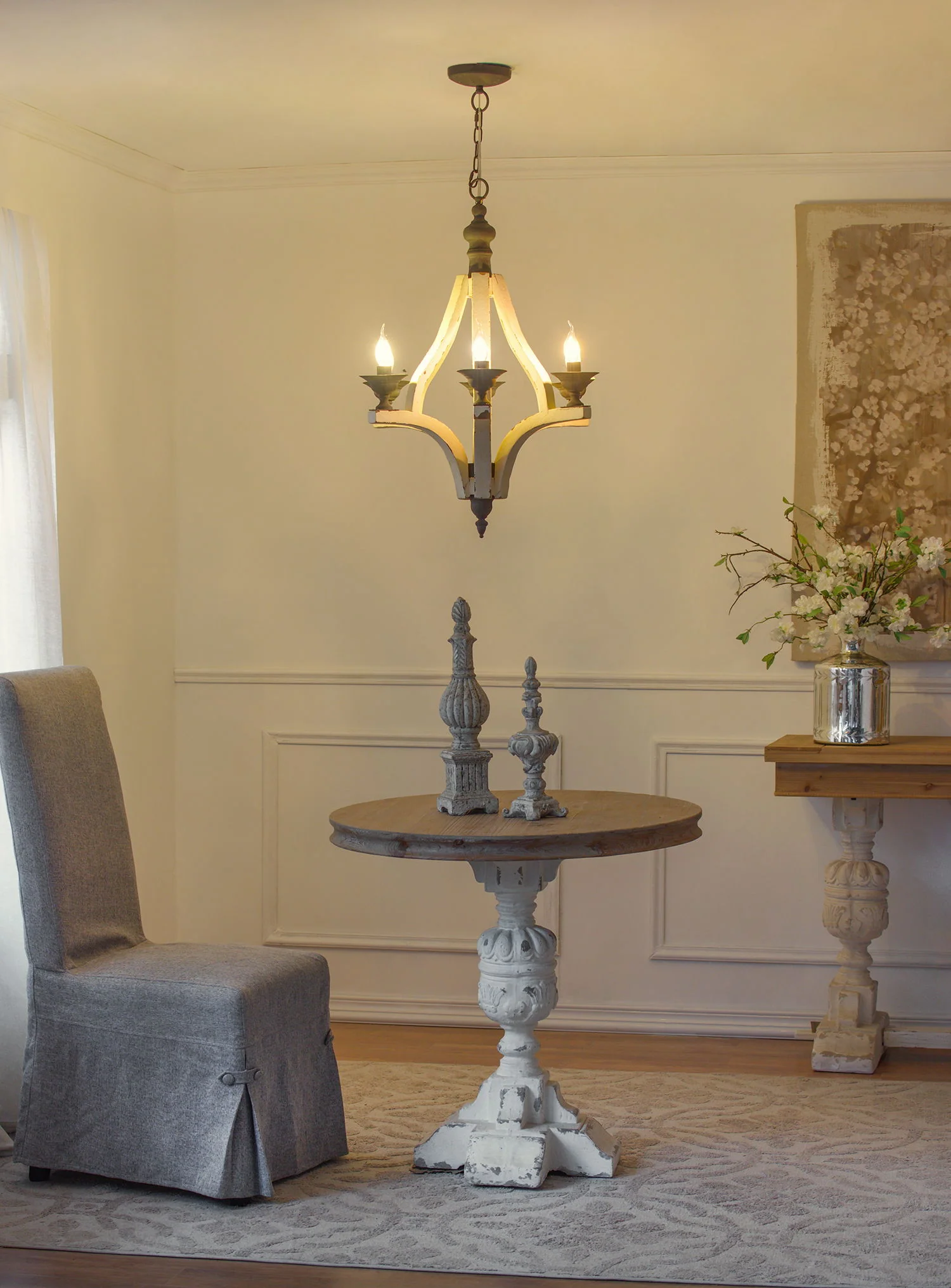 6 Light Wood Chandelier, Hanging Light Fixture With Adjustable Chain For Kitchen, Bulb Not Included - Cream - Image 7