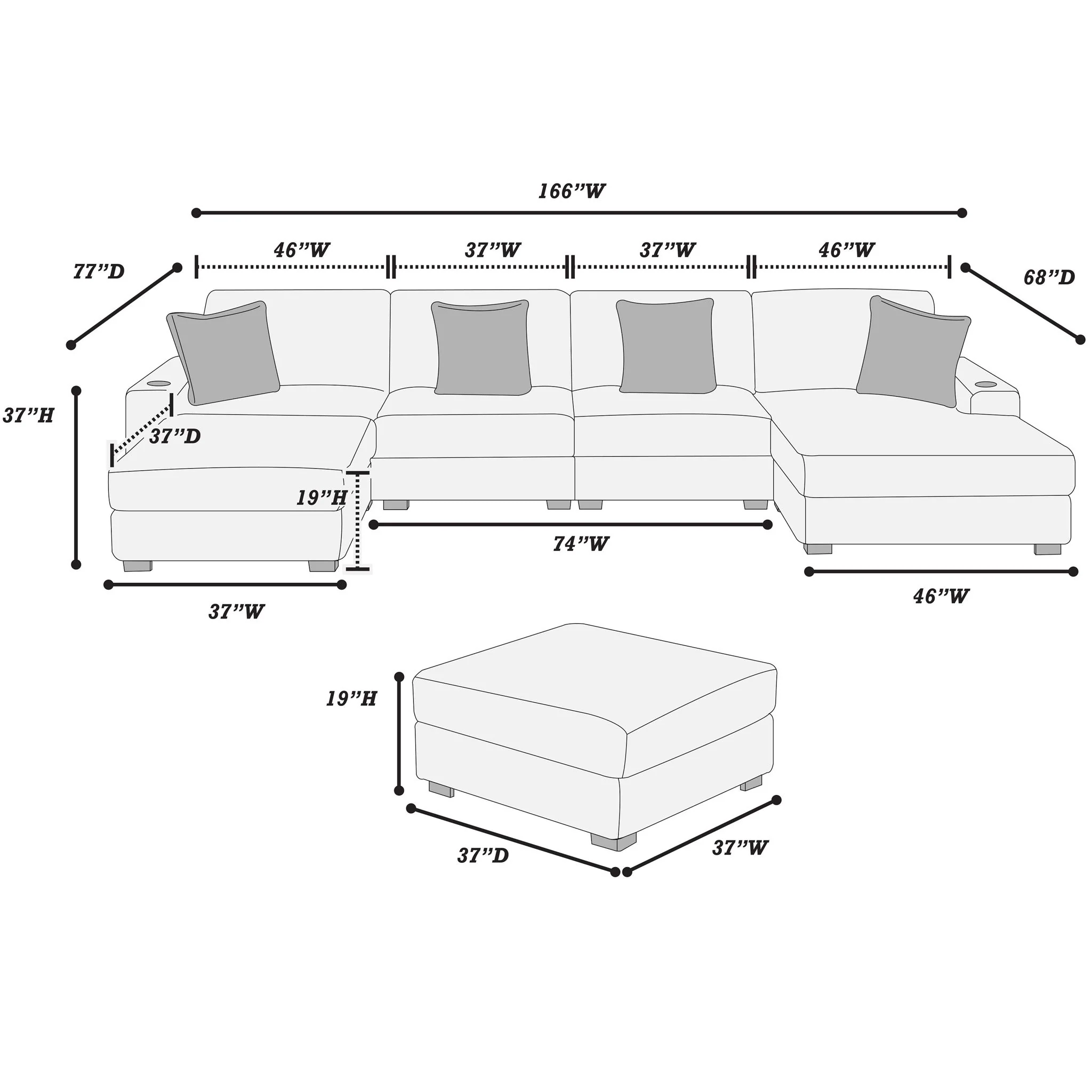 6 Piece Modular U Sectional Sofa Set With USB Cup Holder, Low Leg - Black - Image 7