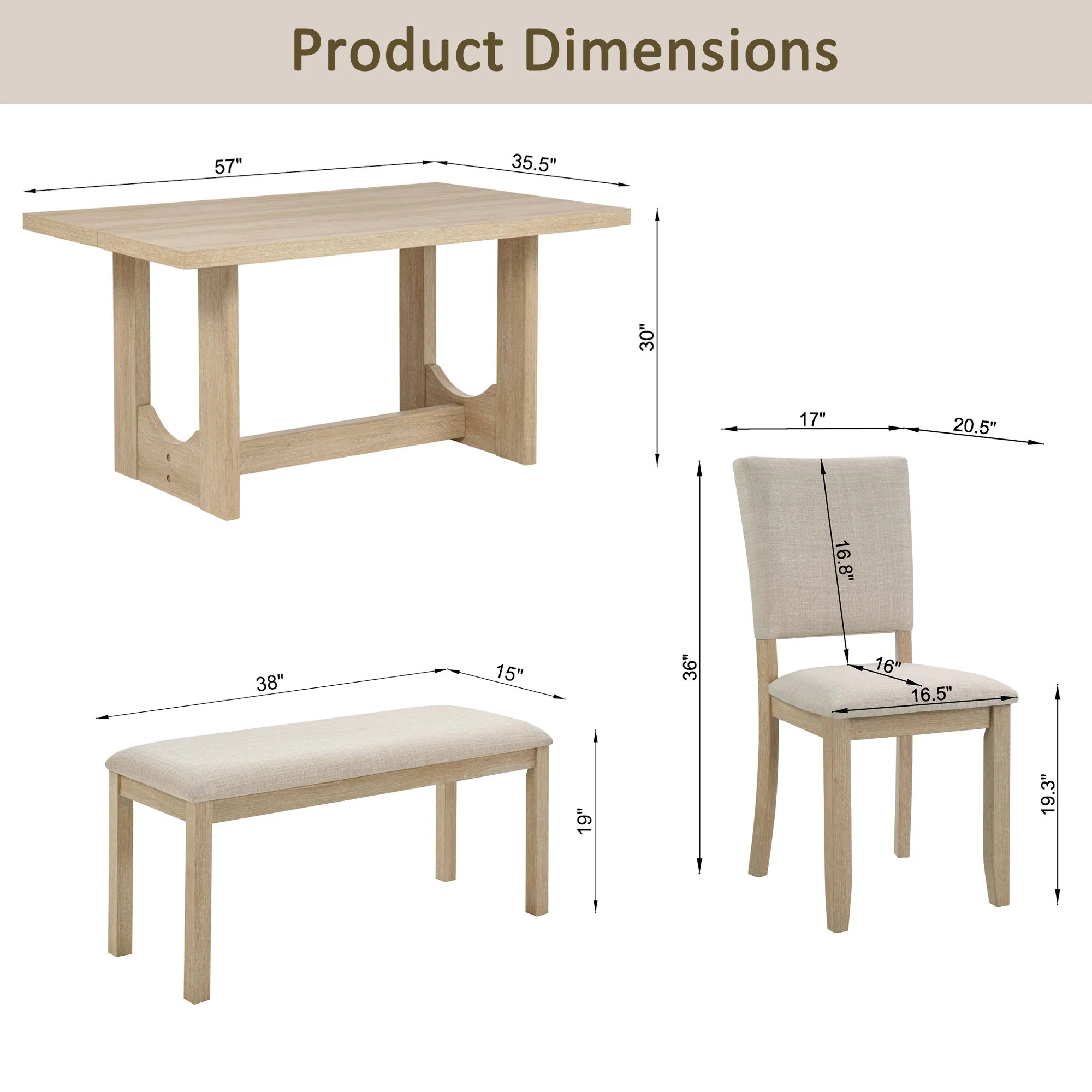 6 Piece Rectangular Kitchen Table Set With Bench And 4 Upholstered Chairs For Kitchen - Light Oak - Image 7