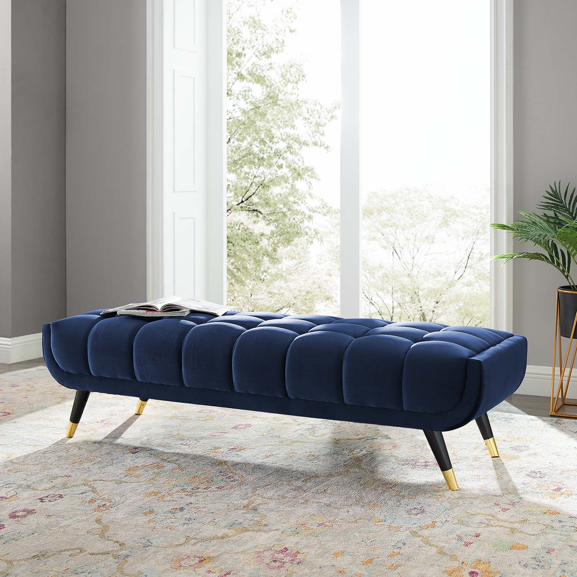 60 Inch Adept Performance Velvet Accent Bench with Gold Metal Caps - Image 18