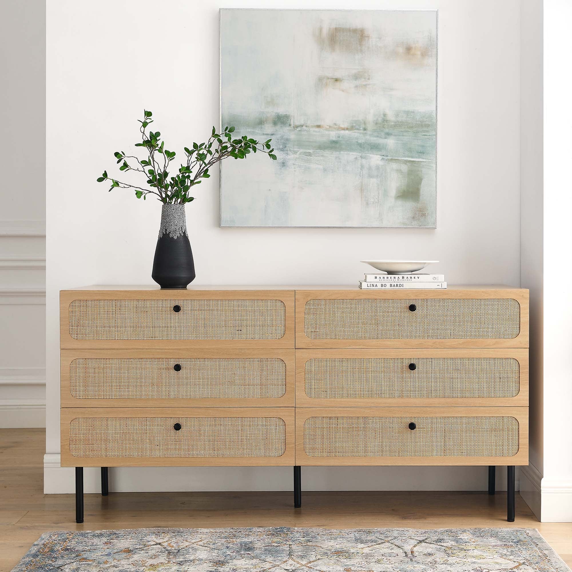 62" Black Oval Rattan 6-Drawer Bedroom Dresser - Image 8