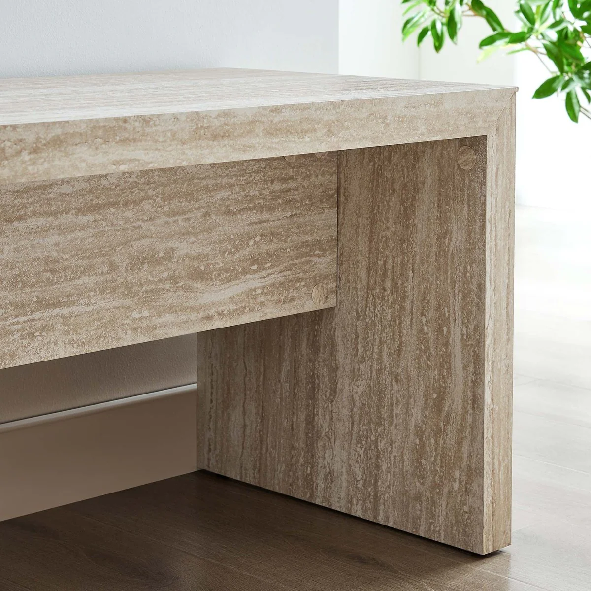 62 Inch Faux Travertine Long Bench with Sleek Modern Silhouette - Image 5