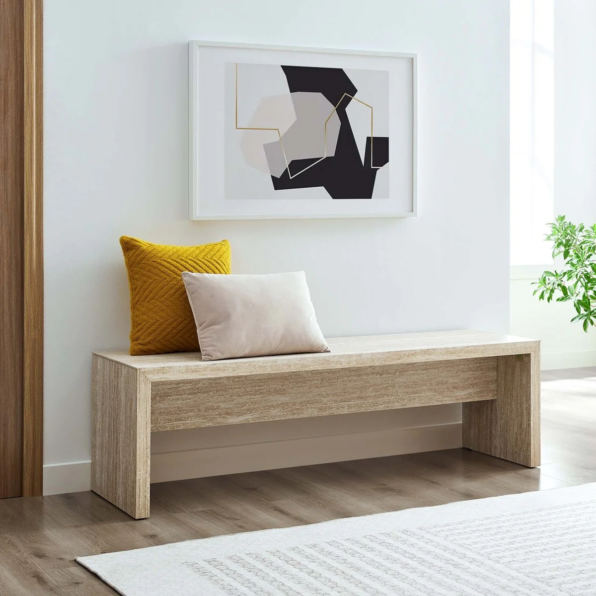 62 Inch Faux Travertine Long Bench with Sleek Modern Silhouette - Image 7