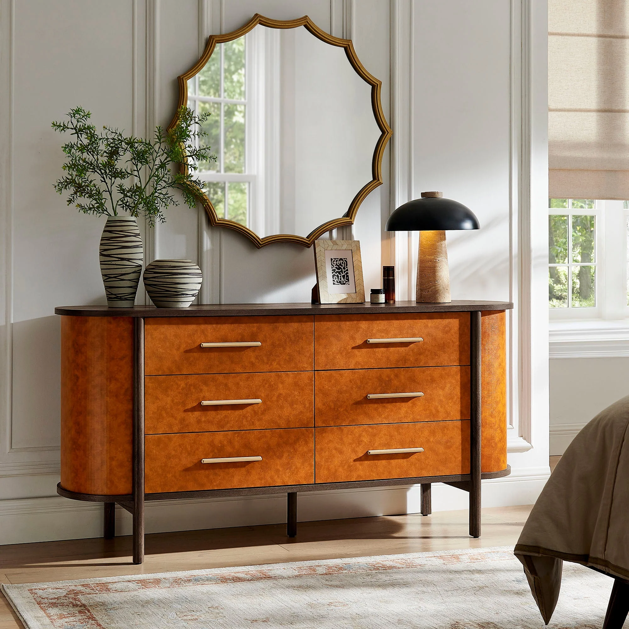 66" Walnut Tan Curved 6-Drawer Vegan Leather Oval Dresser - Image 10