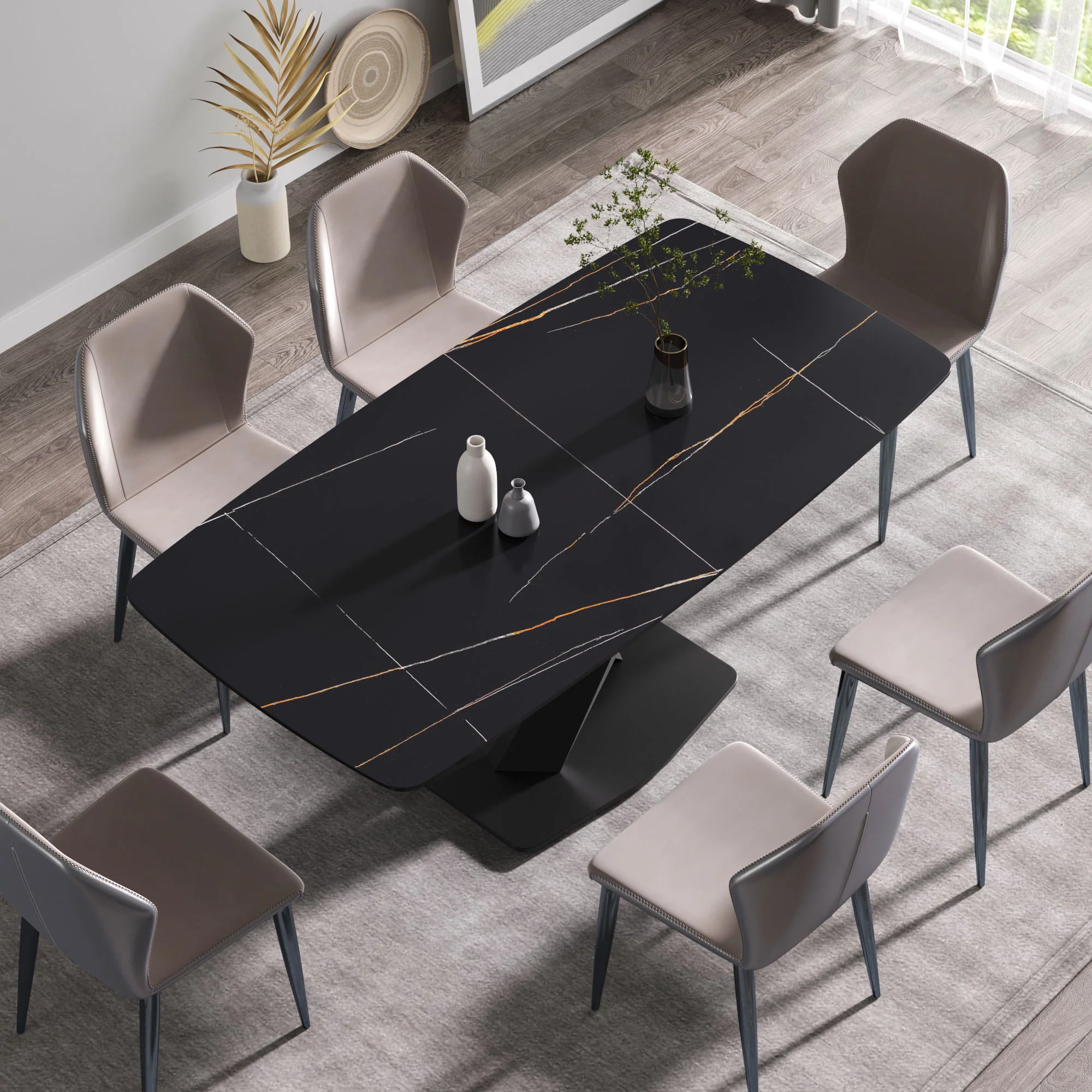 70.87" Modern Artificial Stone Black Curved Black Metal Leg Dining Table, Can Accommodate 6-8 People - Black - Image 5