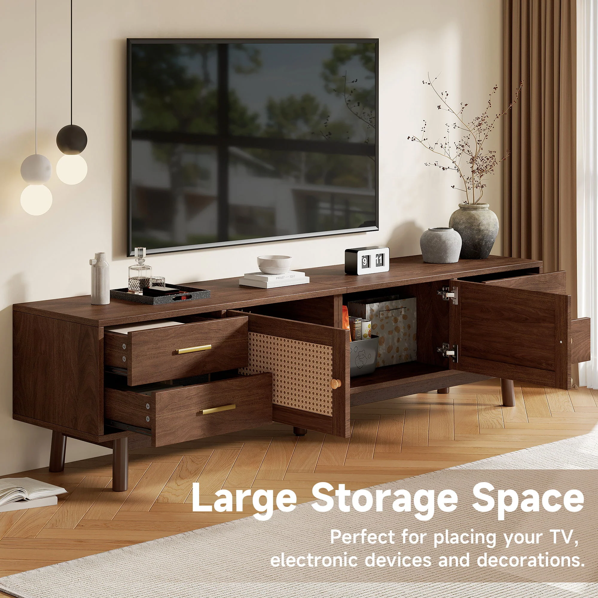 70" TV Stand With Doors For TVs Up To 80", Media Console With 4 Drawers & Cable Holes - Dark Brown - Image 3
